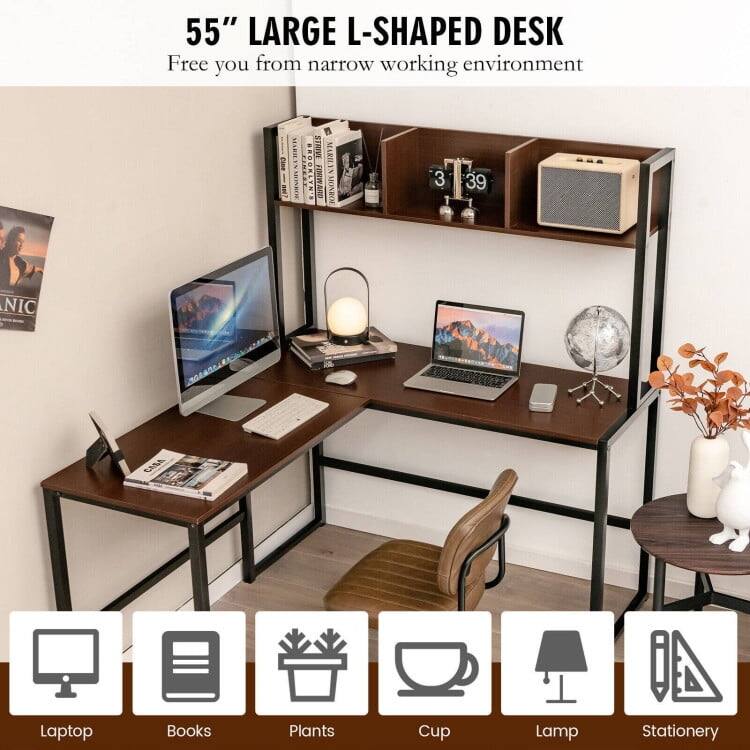 55" LARGE L-SHAPED DESK  
Free you from narrow working environment  

Laptop  
Books  
Plants  
Cup  
Lamp  
Stationery