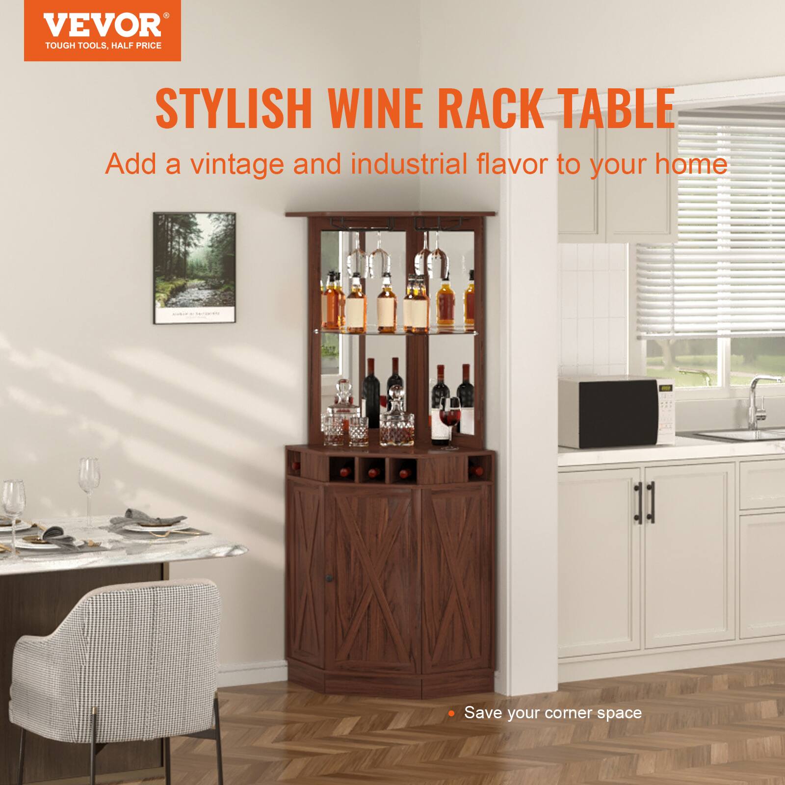 VEVOR TOUGH TOOLS. HALF PRICE STYLISH WINE RACK TABLE
Add a vintage and industrial flavor to your home
Save your corner space