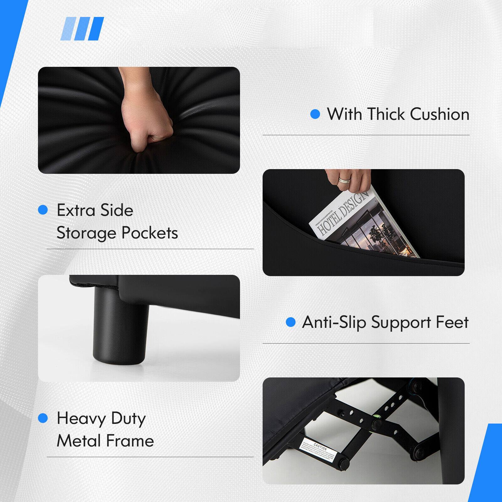 - Extra Side Storage Pockets
- With Thick Cushion
- Heavy Duty Metal Frame
- Anti-Slip Support Feet