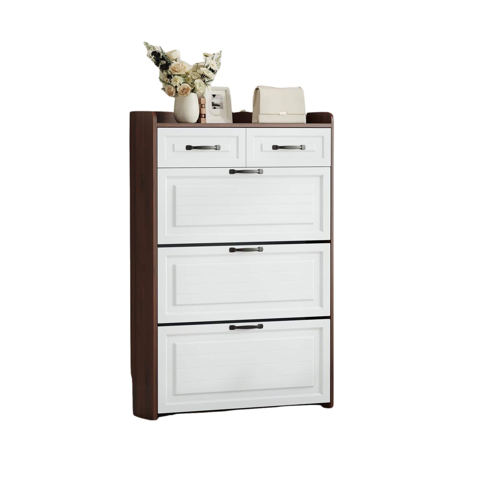 Spaco - Shoe Cabinet with 3 Doors and 2 Drawers, PVC Door Design, Large Storage Space - Walnut