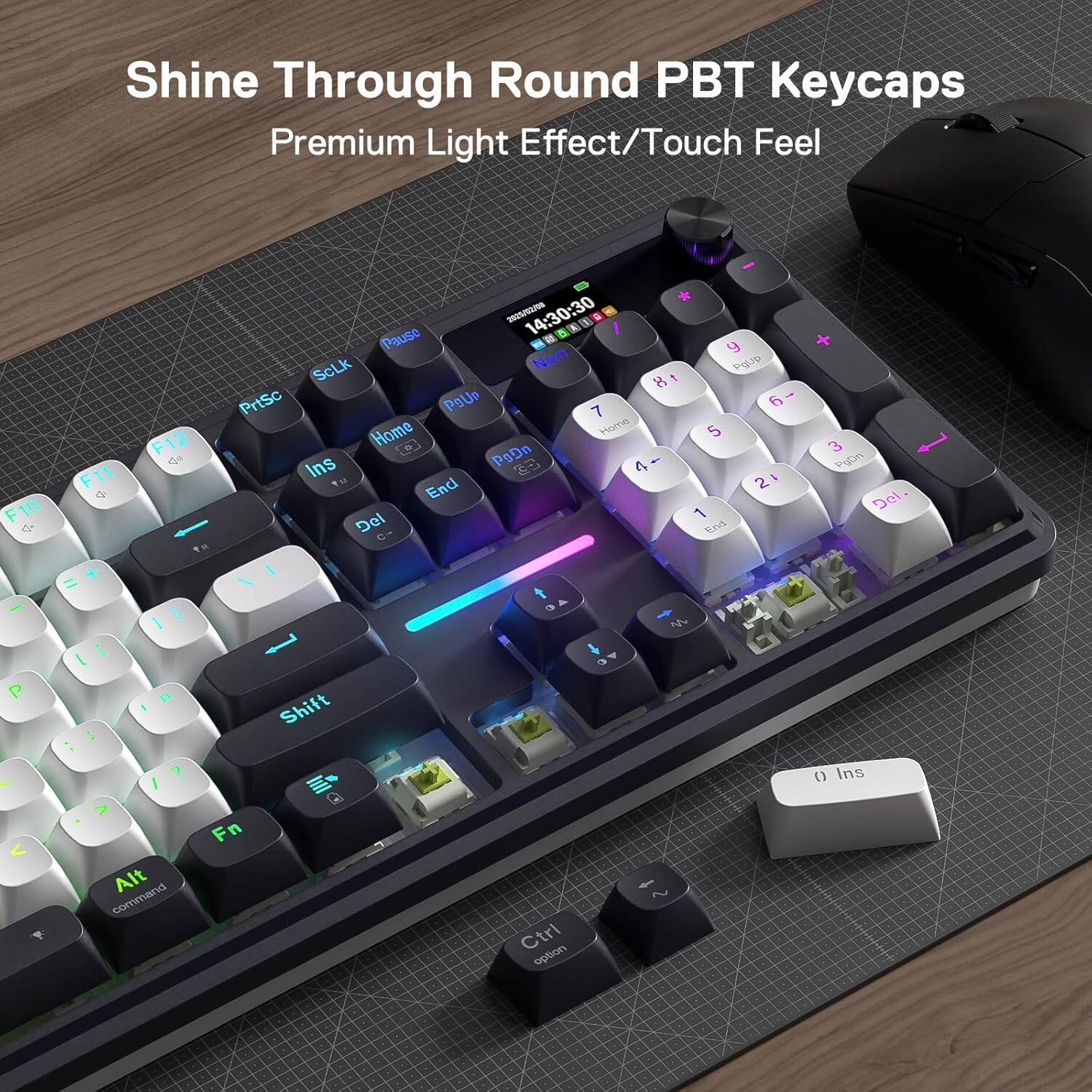 Shine Through Round PBT Keycaps Premium Light Effect/Touch Feel

F10
F11 +
F12 98
2025/02/08 14:30:30 Pause ScLk Nam 8 PrtSc PgUp 7 Home Home Ins PgDn @3 4 ?M Encl Del
y PgUp 6 5 2 : 1 End
3 PgDn Del.
=
1
n
:
Shift
0 Ins
<
7 Alt command
Fn
Ctrl option