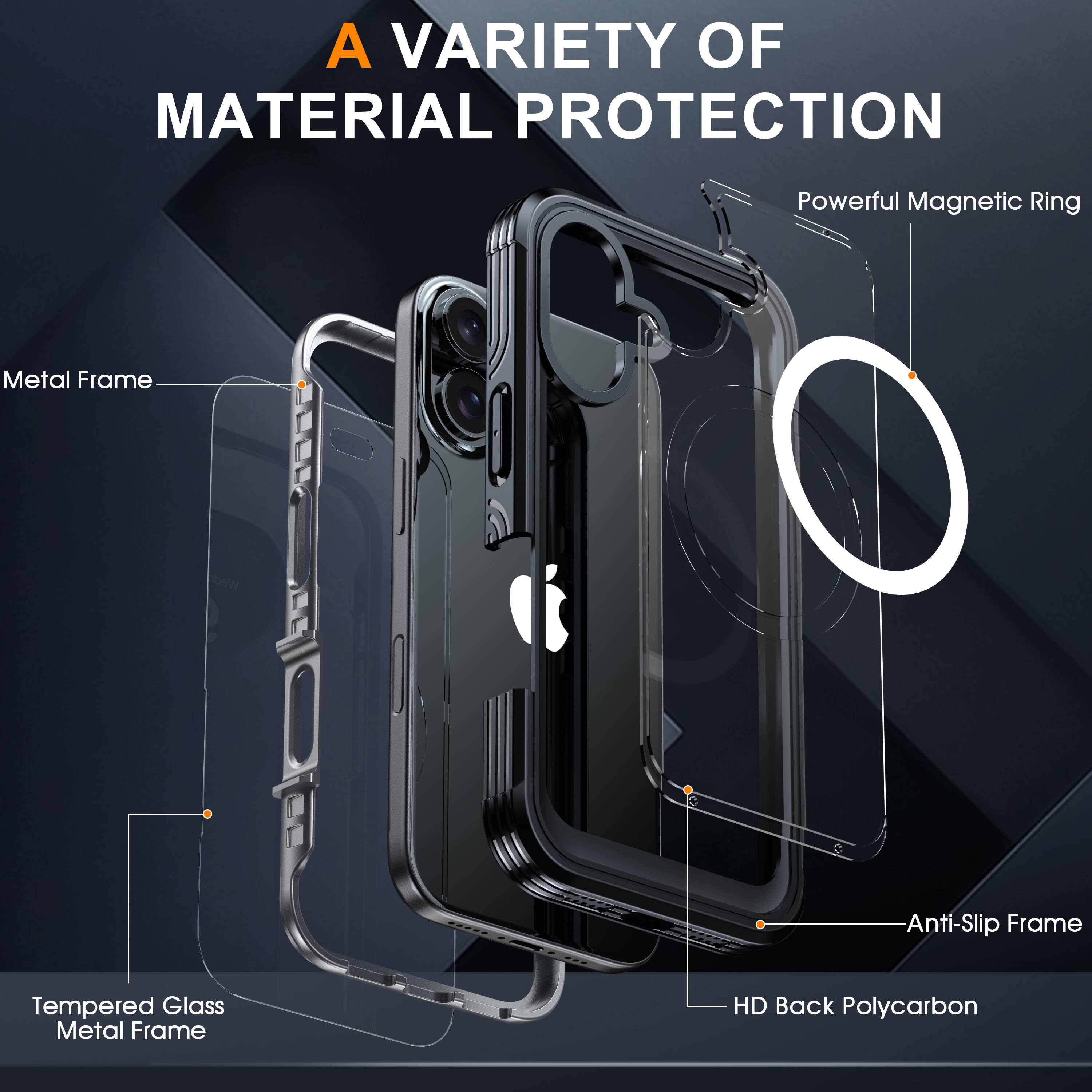 A VARIETY OF MATERIAL PROTECTION

- Powerful Magnetic Ring
- Metal Frame
- Tempered Glass Metal Frame
- Anti-Slip Frame
- HD Back Polycarbon