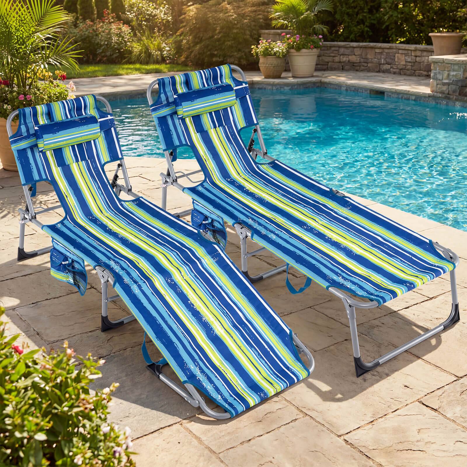 Alt View 1. Costway - Costway 2 PCS Outdoor Beach Lounge Chair Folding Chaise Lounge with Pillow - Blue,Green.
