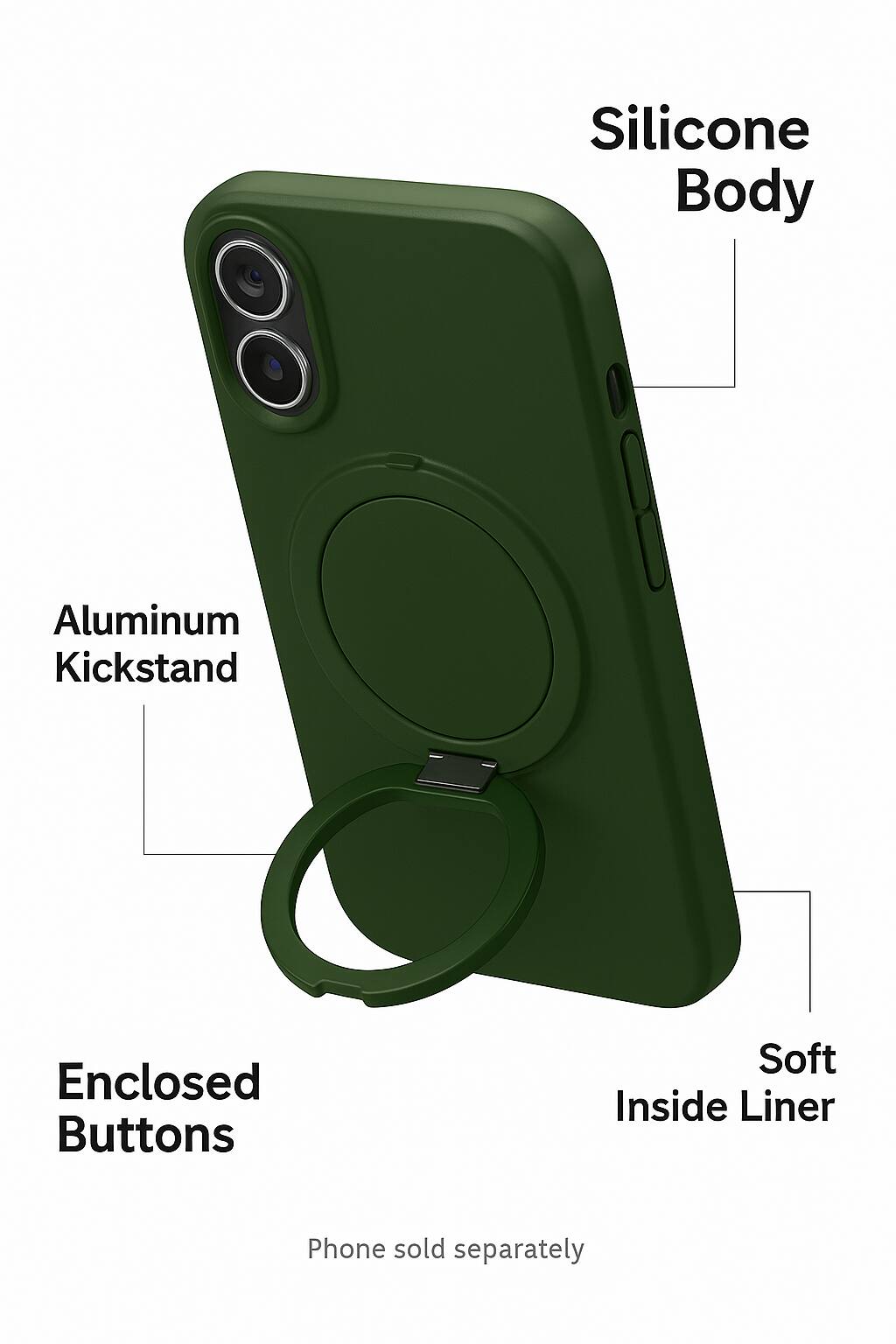 Silicone Body Aluminum Kickstand Enclosed Buttons Soft Inside Liner Phone sold separately