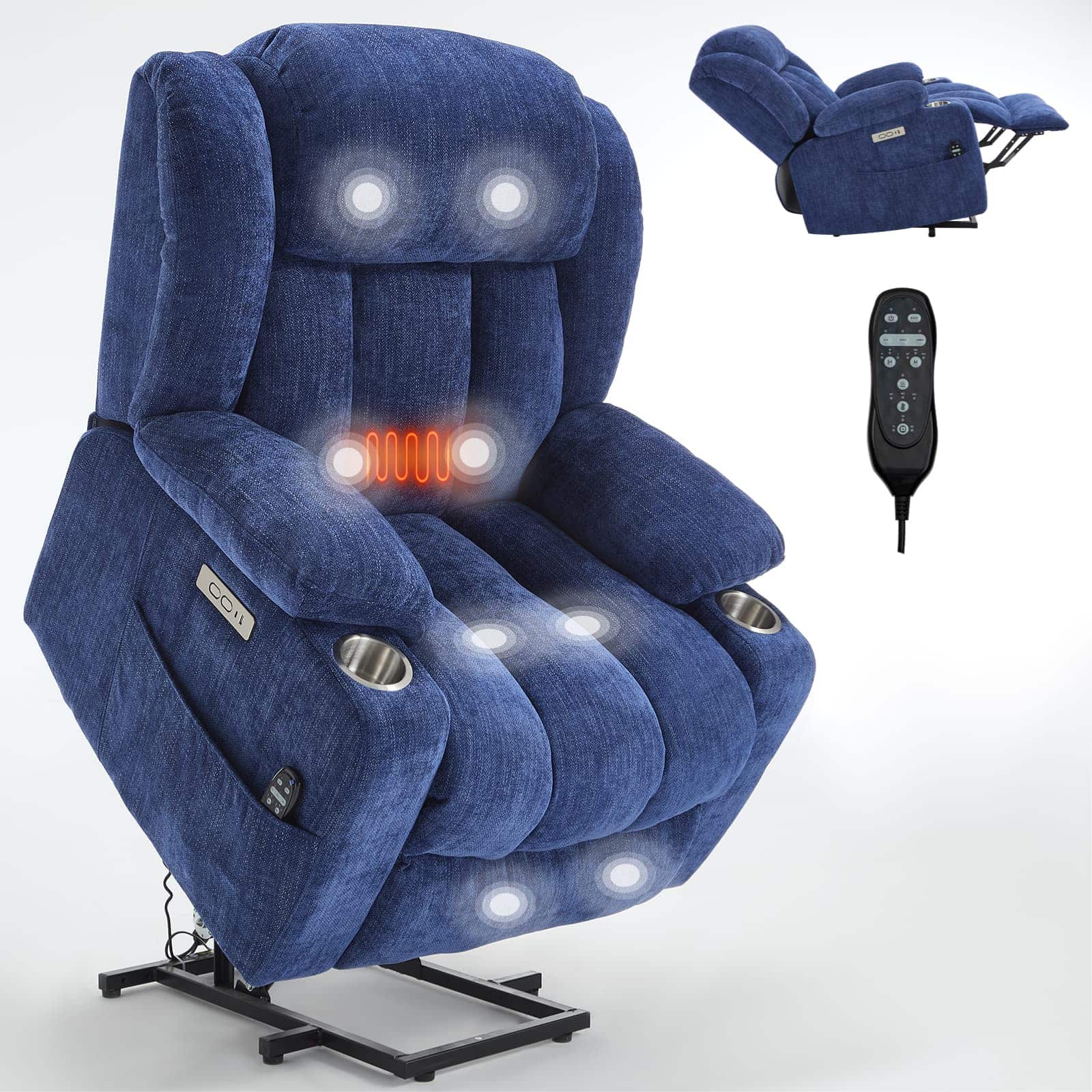 Lycvki - Chenille Power Lift Recliner Chair 8-Point Massage Lumbar Heating 350 LBS - Blue