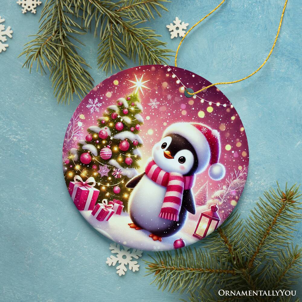 Back. OrnamentallyYou - Glistening Winter Penguin Pink Themed Ornament Adorable Arctic Christmas Gift and Decor - Multi-colored.