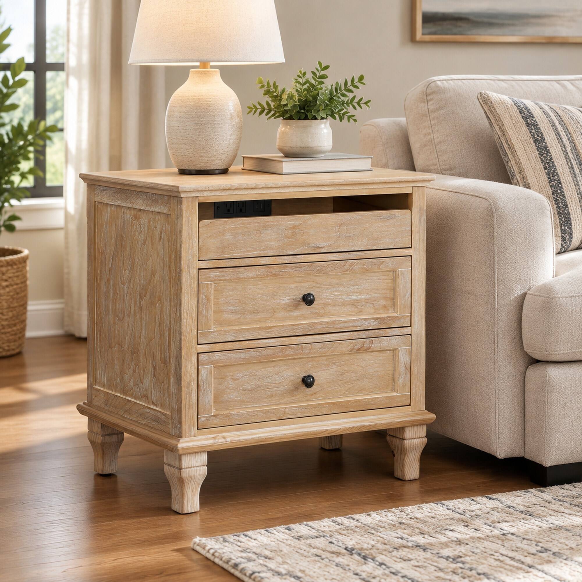 Left. RYHNUYNE - 28 in Wood Nightstand, Farmhouse Bedside Table, 3 Drawers, Charging Station, USB and Type-C Ports - Natural.