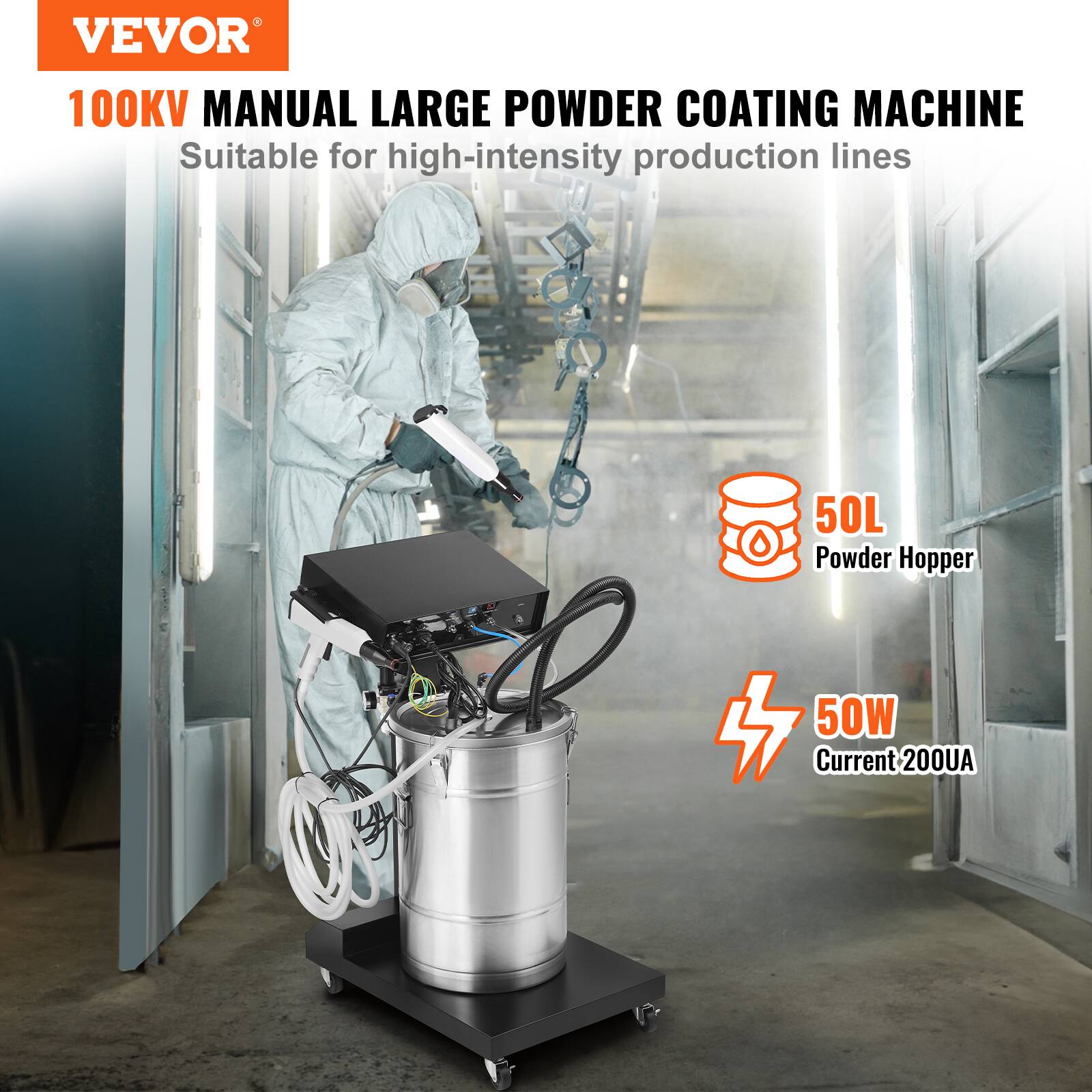 VEVOR 100KV MANUAL LARGE POWDER COATING MACHINE  
Suitable for high-intensity production lines  
50L Powder Hopper  
50W Current 200UA