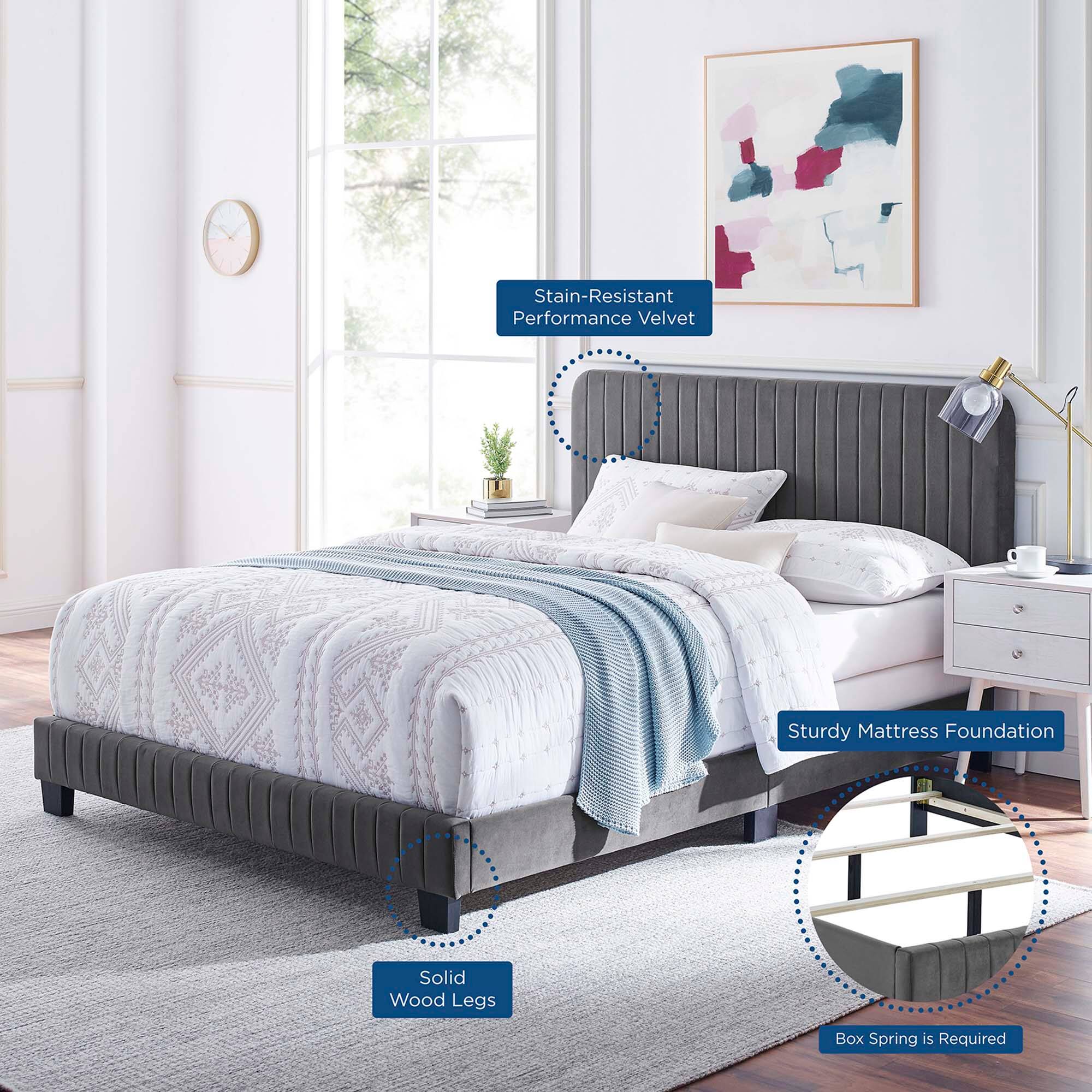 - Stain-Resistant Performance Velvet
- Sturdy Mattress Foundation
- Solid Wood Legs
- Box Spring is Required