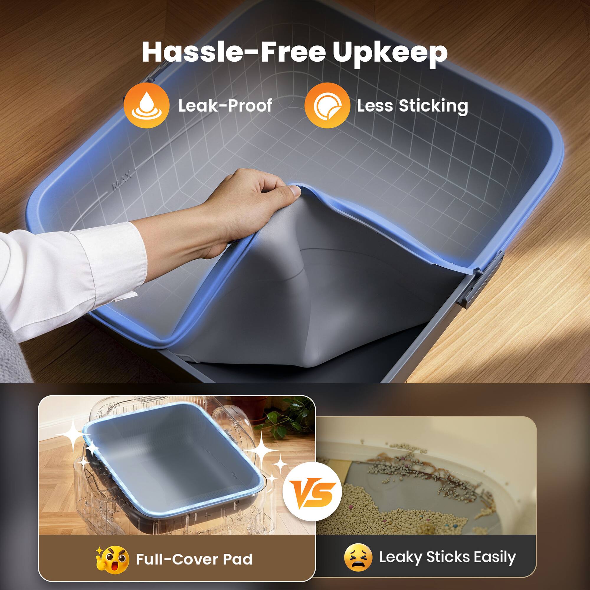 Hassle-Free Upkeep  
Leak-Proof  
Less Sticking  

Full-Cover Pad  
VS  
Leaky Sticks Easily