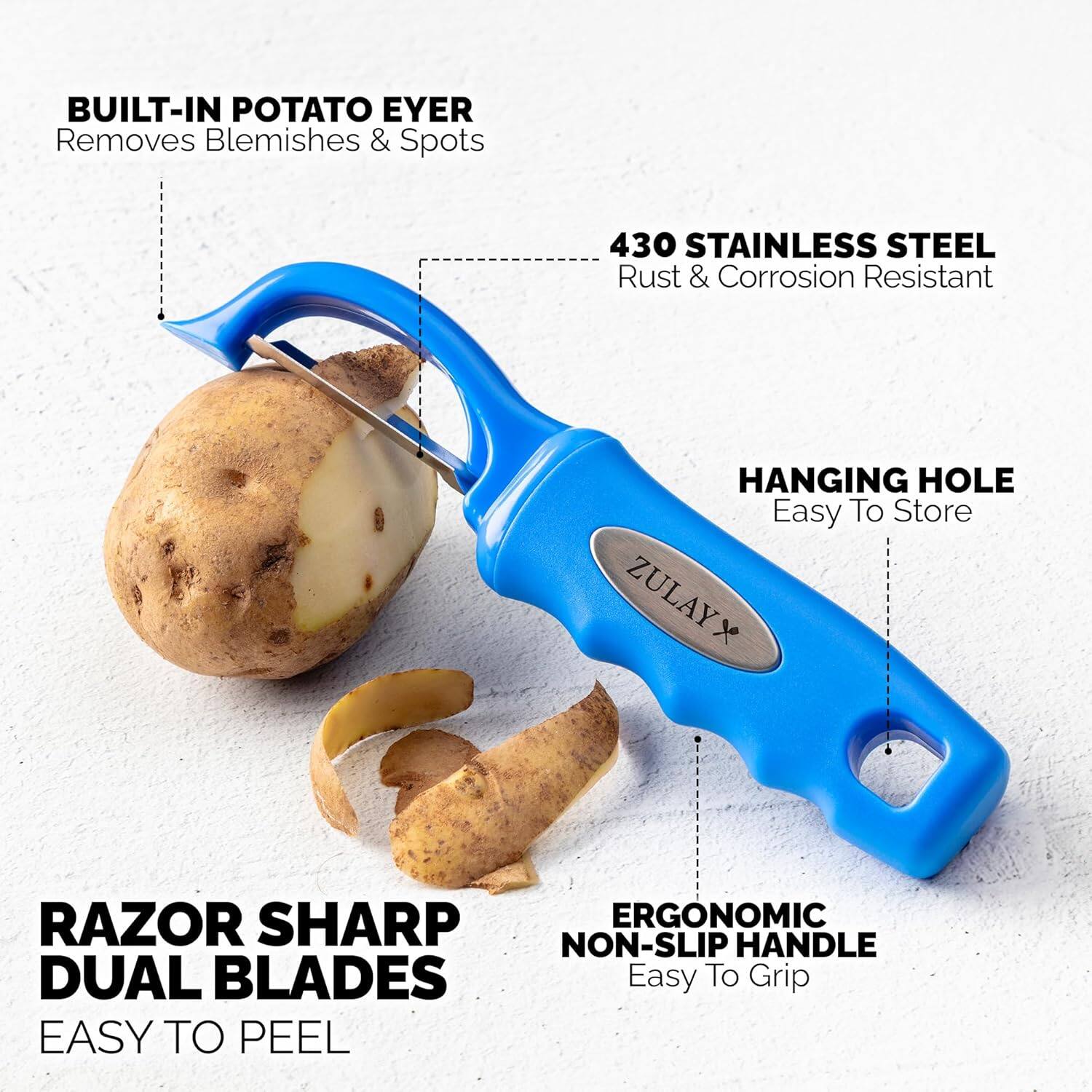 - Built-in potato eyer removes blemishes & spots
- 430 stainless steel, rust & corrosion resistant
- Hanging hole, easy to store
- Razor sharp dual blades, easy to peel
- Ergonomic non-slip handle, easy to grip