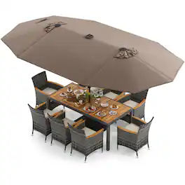 Costway - 11 PCS Patio Dining Set with 15 ft Double-Sided Patio Umbrella 8 Armchairs - Mix Gray,Beige,Tan