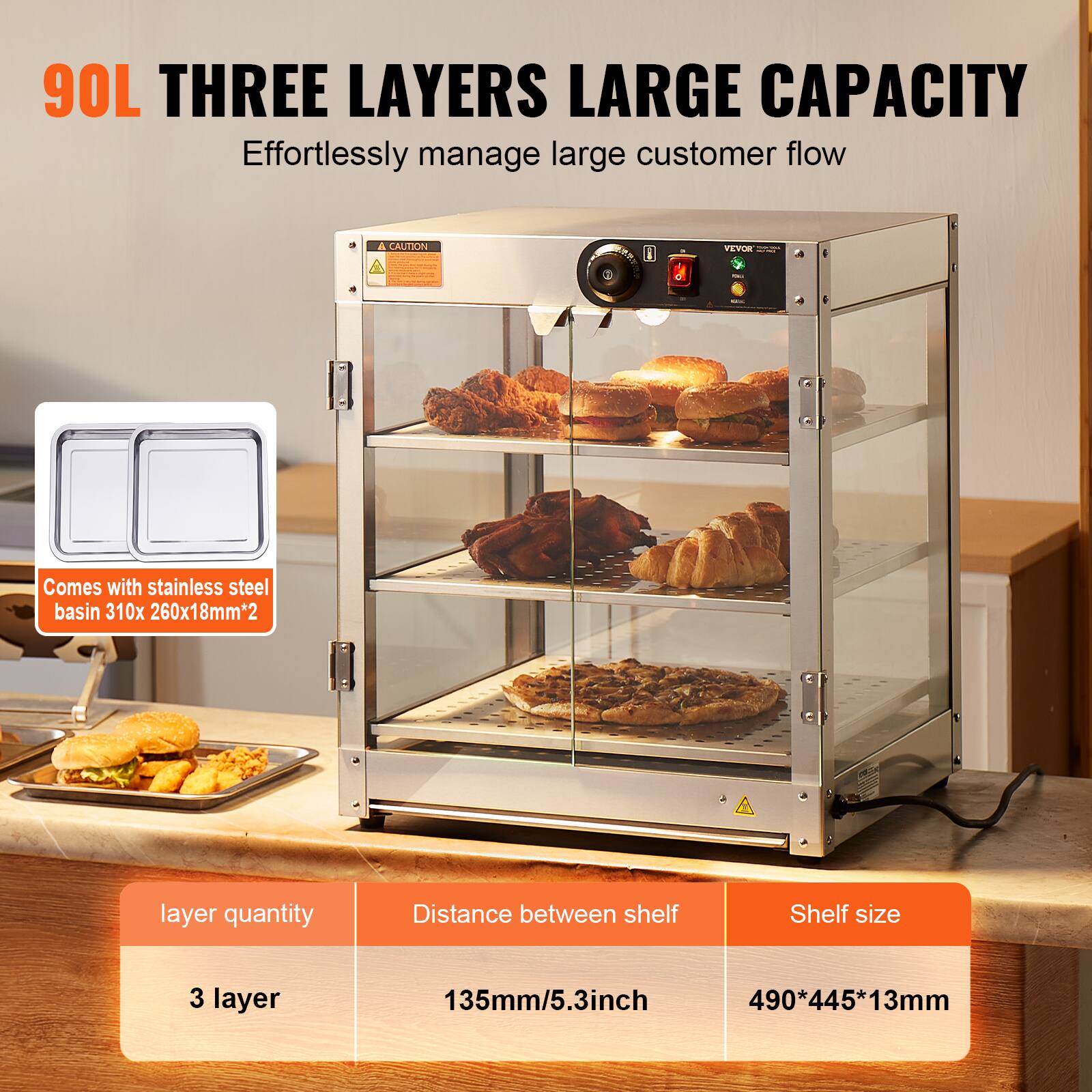 90L THREE LAYERS LARGE CAPACITY  
Effortlessly manage large customer flow

& CAUTION

VEVOR - KALL

Comes with stainless steel basin 310x 260x18mm*2

layer quantity | Distance between shelf | Shelf size  
3 layer | 135mm/5.3inch | 490*445*13mm