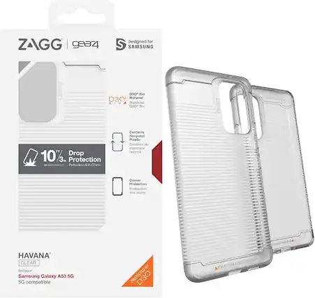 ZAGG gea4 Designed for S SAMSUNG DOO" Bio D30 Material - .. Matriau DOO Bie 10%3. Drop 3M Protection Protection Anti-Chute Contains Recyoled Plastic Contient du plastique recycl Comner Protection Protection des poins HAVANA CLEAR forpour Samsung Galaxy A53 5G 5G compatible BY D3O Yi PROTECTED DSO