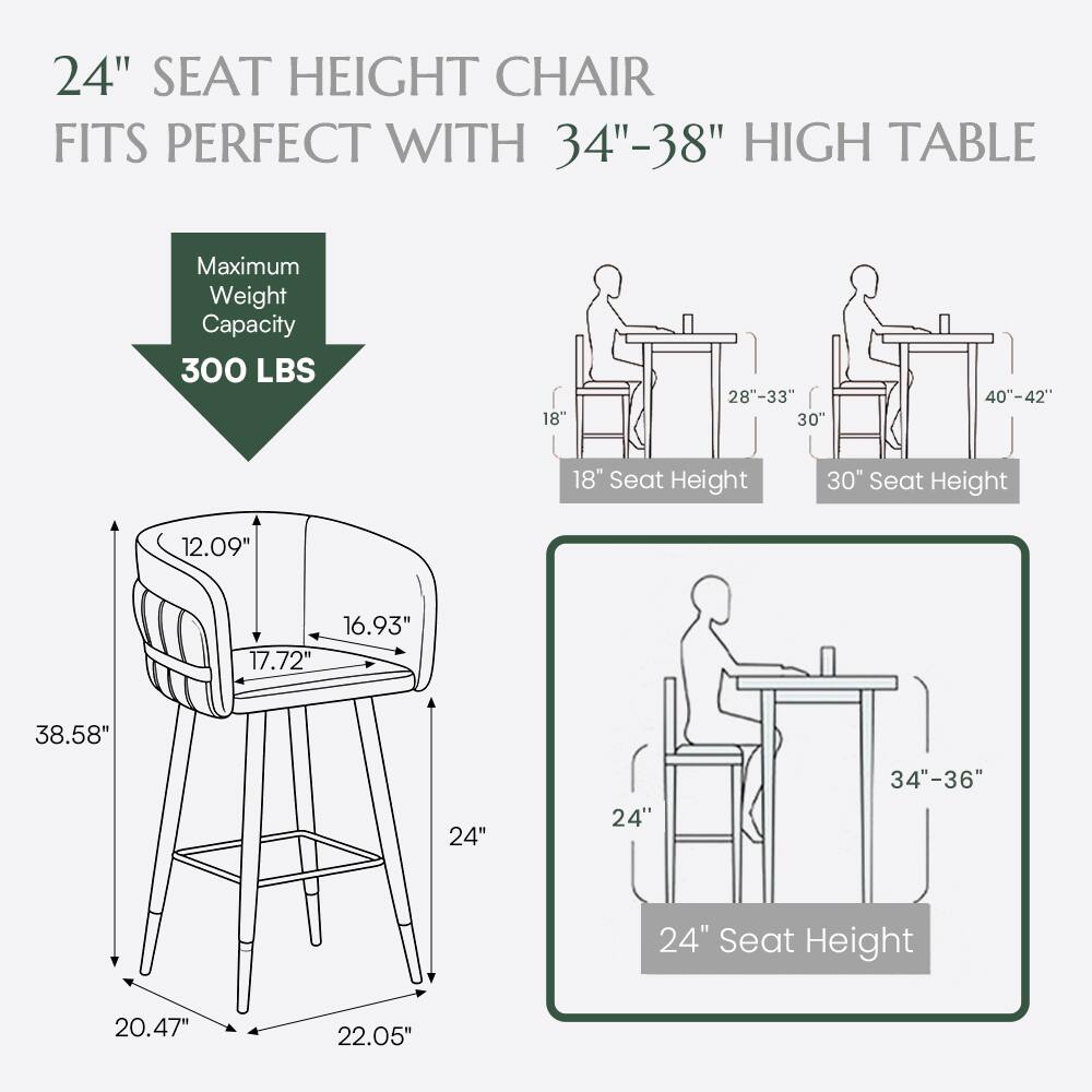 24" SEAT HEIGHT CHAIR FITS PERFECT WITH 34"-38" HIGH TABLE

Maximum Weight Capacity: 300 LBS

18" Seat Height
28"-33"
30" Seat Height
40"-42"

12.09"
16.93"
17.72"
38.58"
24"
24"
34"-36"
24" Seat Height
20.47"
22.05"