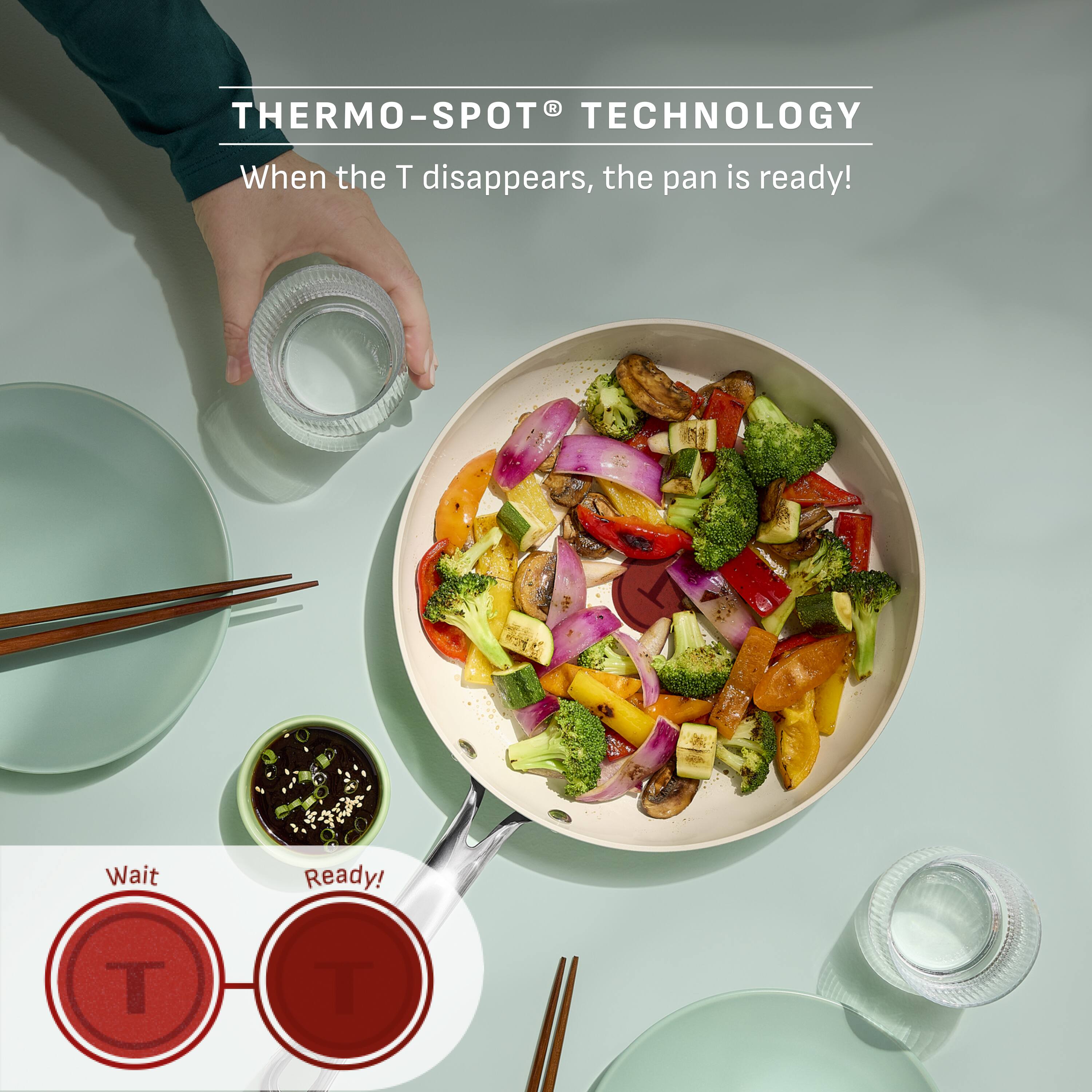 THERMO-SPOT® TECHNOLOGY  
When the T disappears, the pan is ready!  

Wait  
Ready!