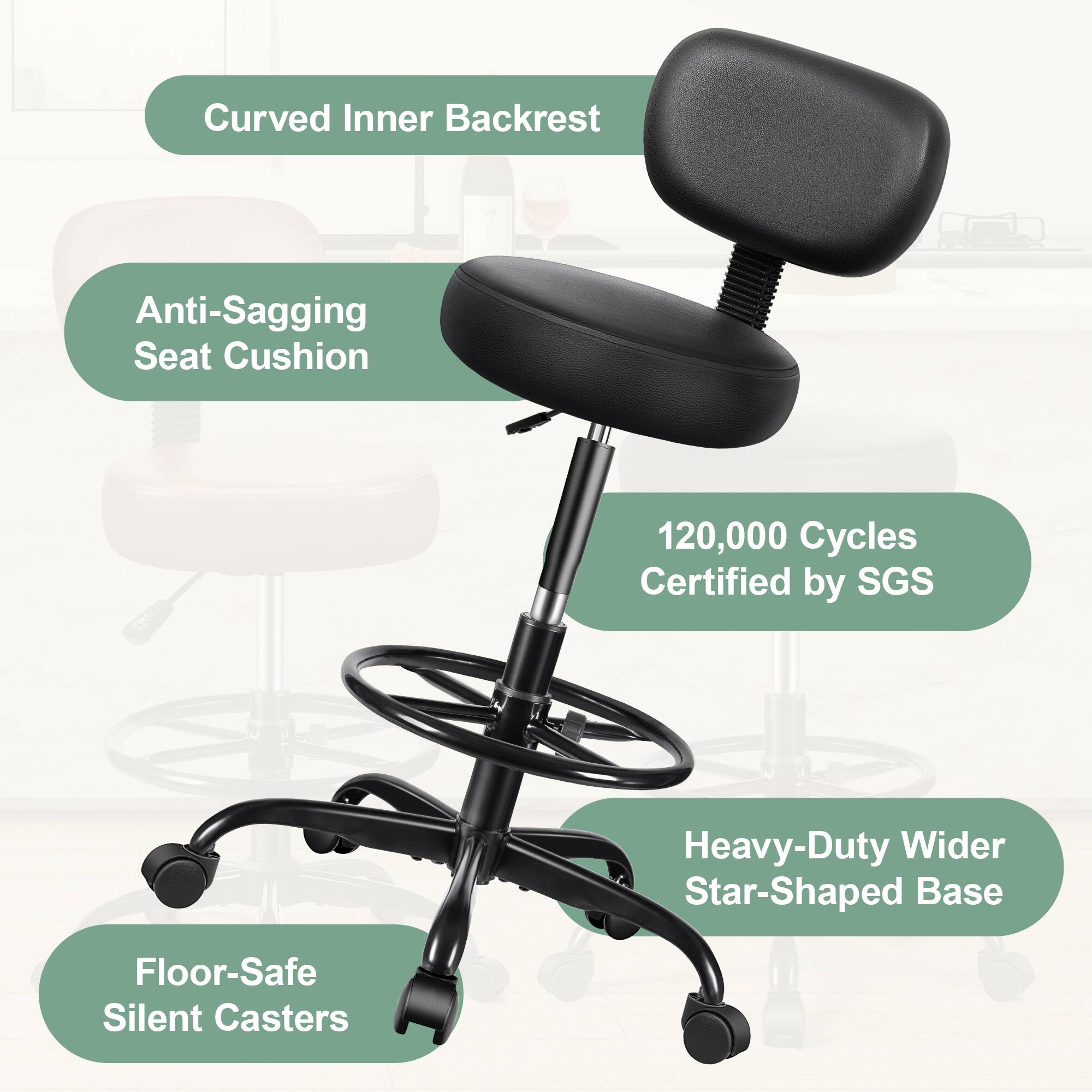 Curved Inner Backrest  
Anti-Sagging Seat Cushion  
120,000 Cycles Certified by SGS  
Heavy-Duty Wider Star-Shaped Base  
Floor-Safe Silent Casters