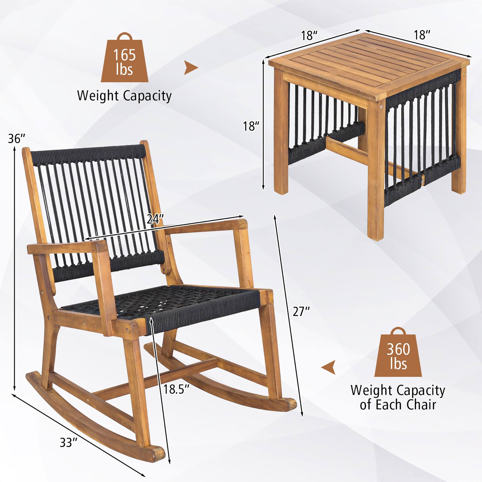 165 lbs  
Weight Capacity  

36"  
24"  
18.5"  
33"  

18"  
18"  
18"  
27"  

360 lbs  
Weight Capacity of Each Chair