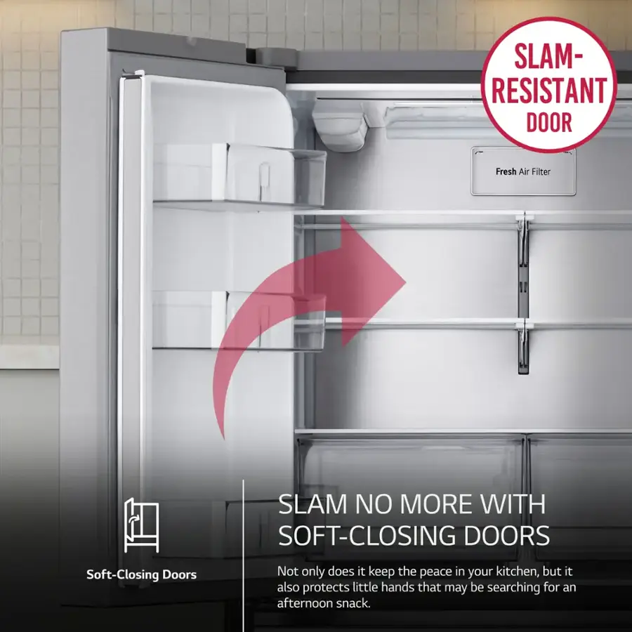 Slam-Resistant Door Fresh Air Filter Slam No More with Soft-Closing Doors Soft-Closing Doors Not only does it keep the peace in your kitchen, but it also protects little hands that may be searching for an afternoon snack.