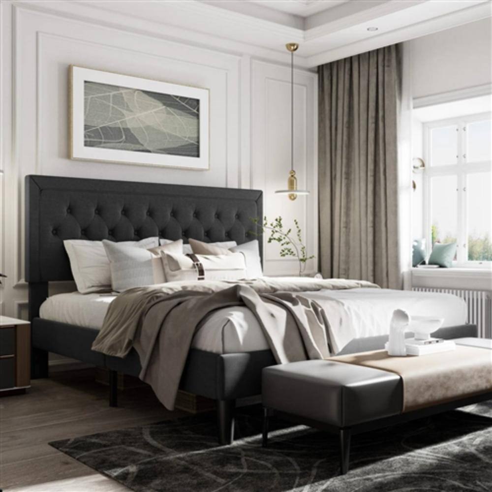 Left. Hivvago - King Black Linen Upholstered Platform Bed Frame with Button-Tufted Headboard - Black.