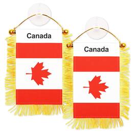 G128 - 2-Pack Canada Fringed Flag, 3x5 in — Double-Sided Polyester Hanging Flag with Suction Cup - Red and White