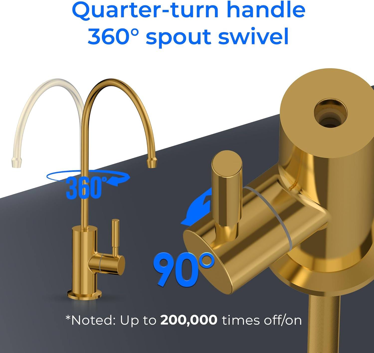 Quarter-turn handle  
360° spout swivel  

*Noted: Up to 200,000 times off/on