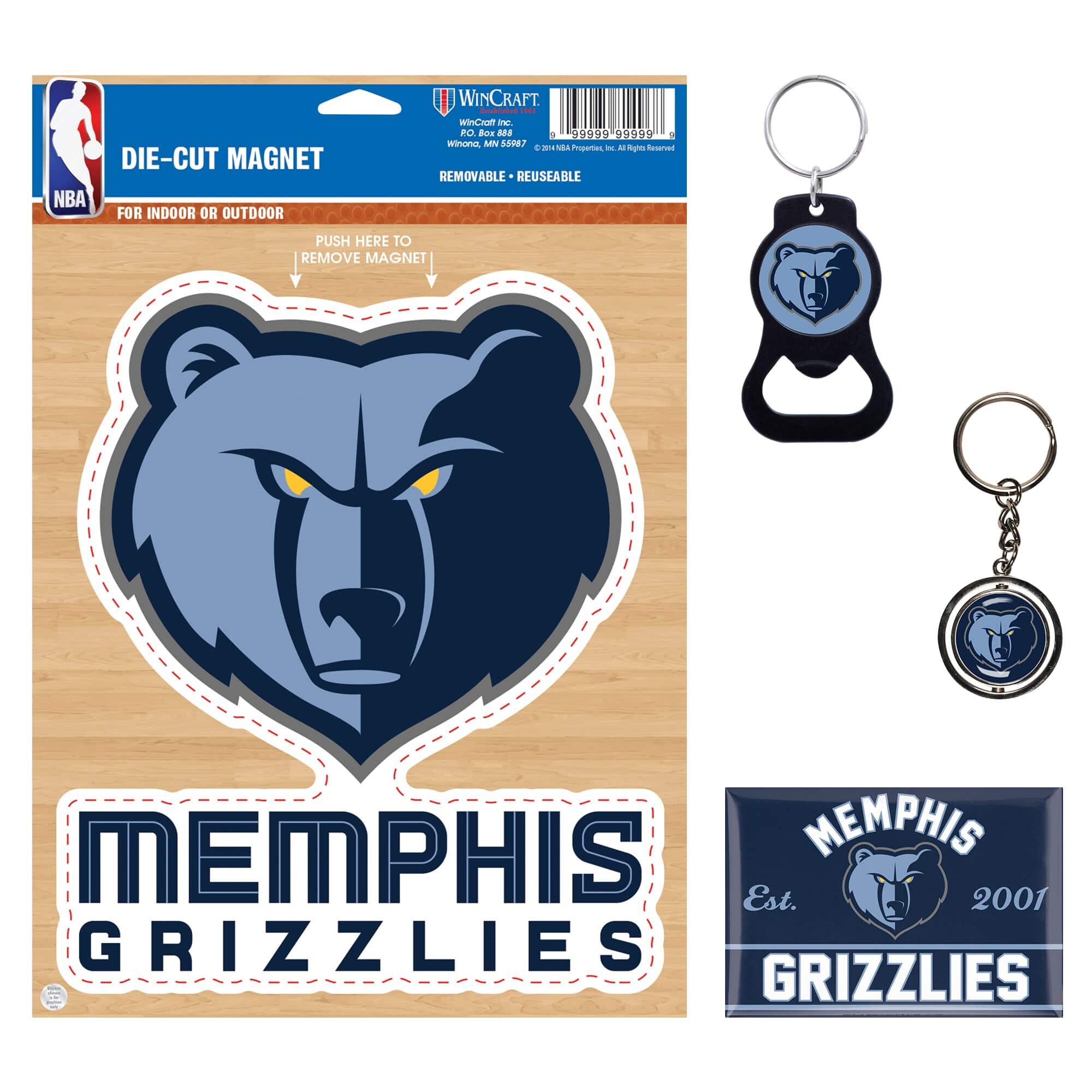 DIE-CUT MAGNET  
FOR INDOOR OR OUTDOOR  
PUSH HERE TO REMOVE MAGNET  

MEMPHIS GRIZZLIES  
Est. 2001  

WinCraft  
WinCraft Inc.  
PO Box 105897  
Winona, MN 55987  

REMOVABLE - REUSABLE  

MEMPHIS  
Est. 2001  
GRIZZLIES