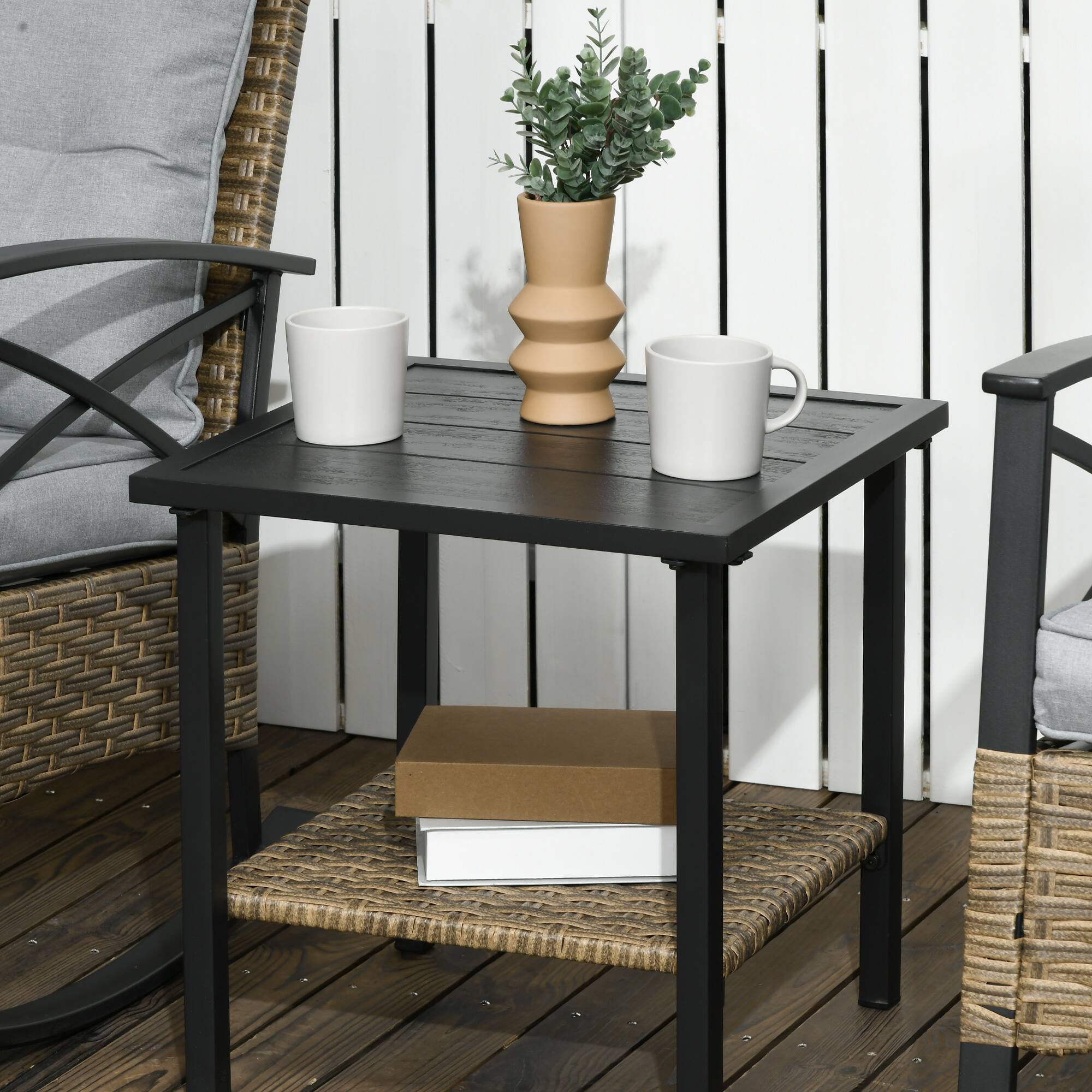 Alt View 8. Outsunny - 3 Piece Patio Rocking Chair Set, Outdoor Wicker Bistro Set with 2 Oversize Cushioned Porch Rockers and Coffee Table - Light Gray.