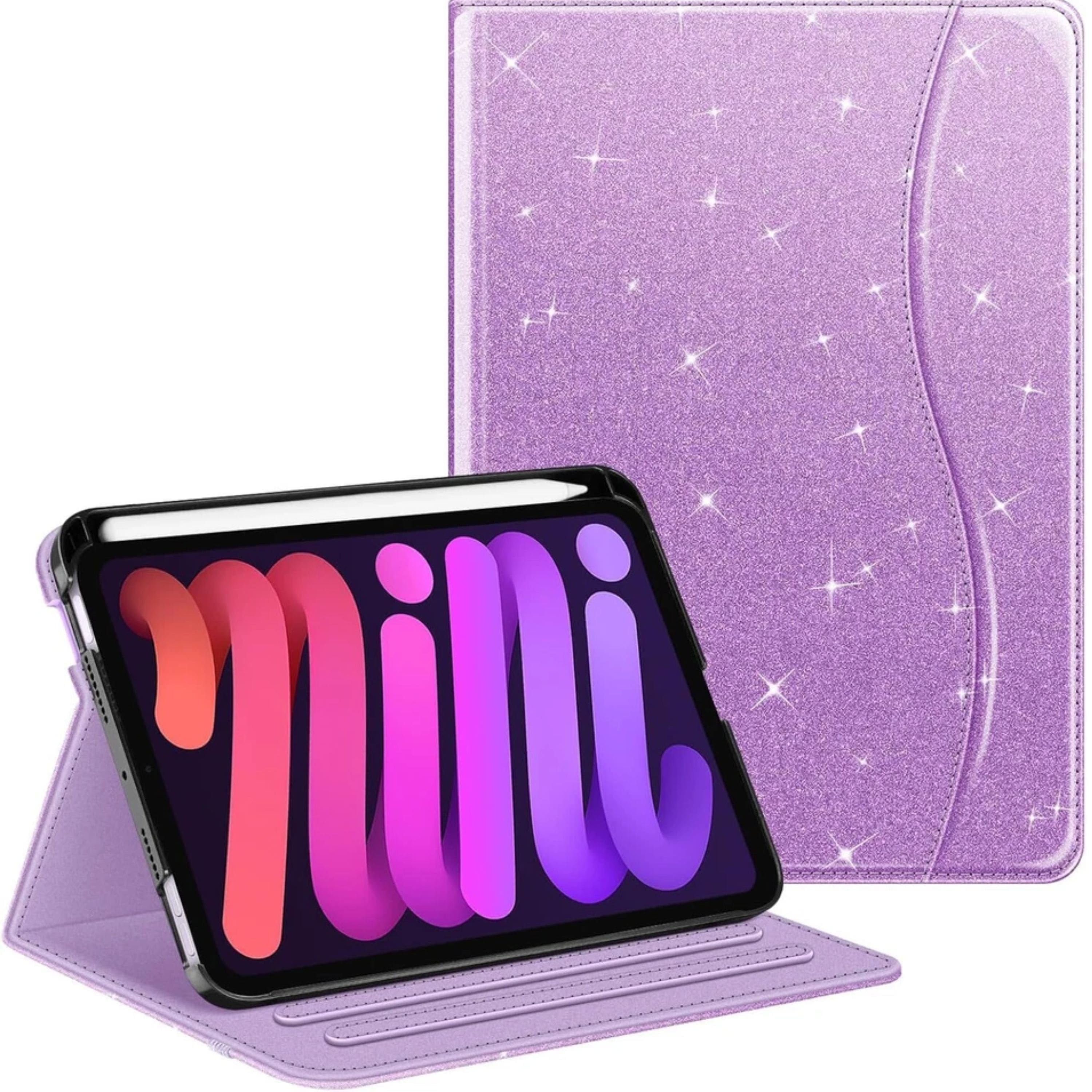 Kitcheniva - Protective Folio Case for iPad Mini 7 2024 Smart Stand Cover With Pencil Holder Glittering Purple - Glitter Purple