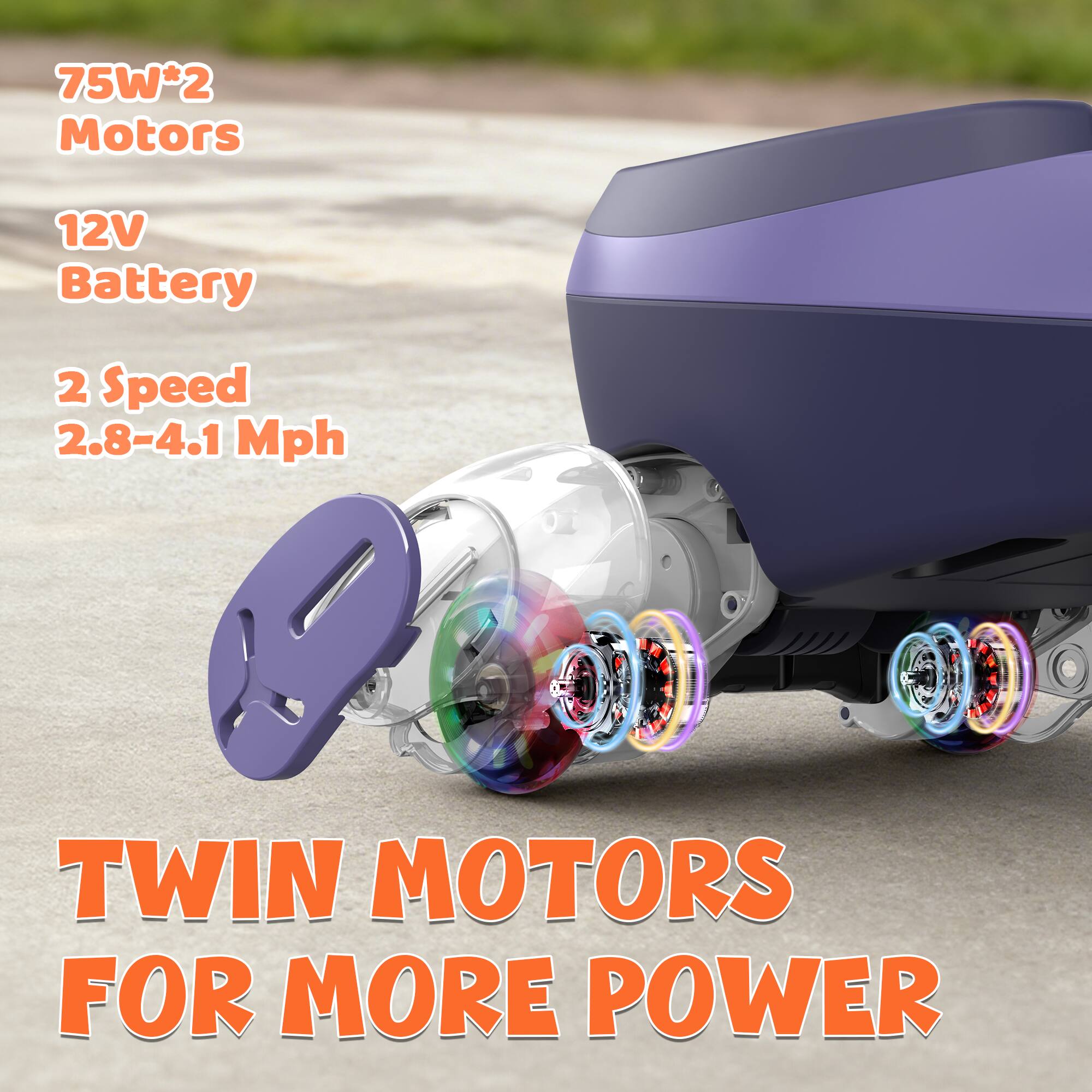 75W*2 Motors  
12V Battery  
2 Speed 2.8-4.1 Mph  
TWIN MOTORS FOR MORE POWER