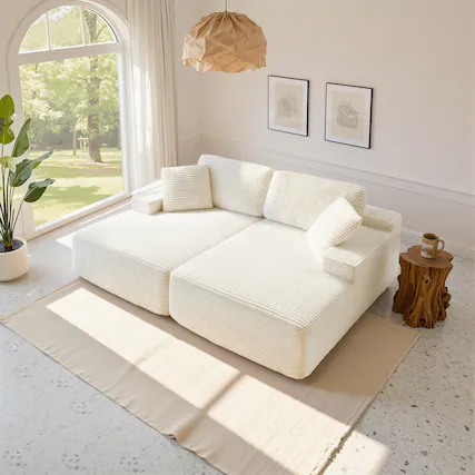 Front. Meqiodas - Oversized Double Lounge Chaise,Cloud Plush Sofa Bed,Modern Corduroy Upholstered Boneless Cloud Sofa Deep Seat - Beige.