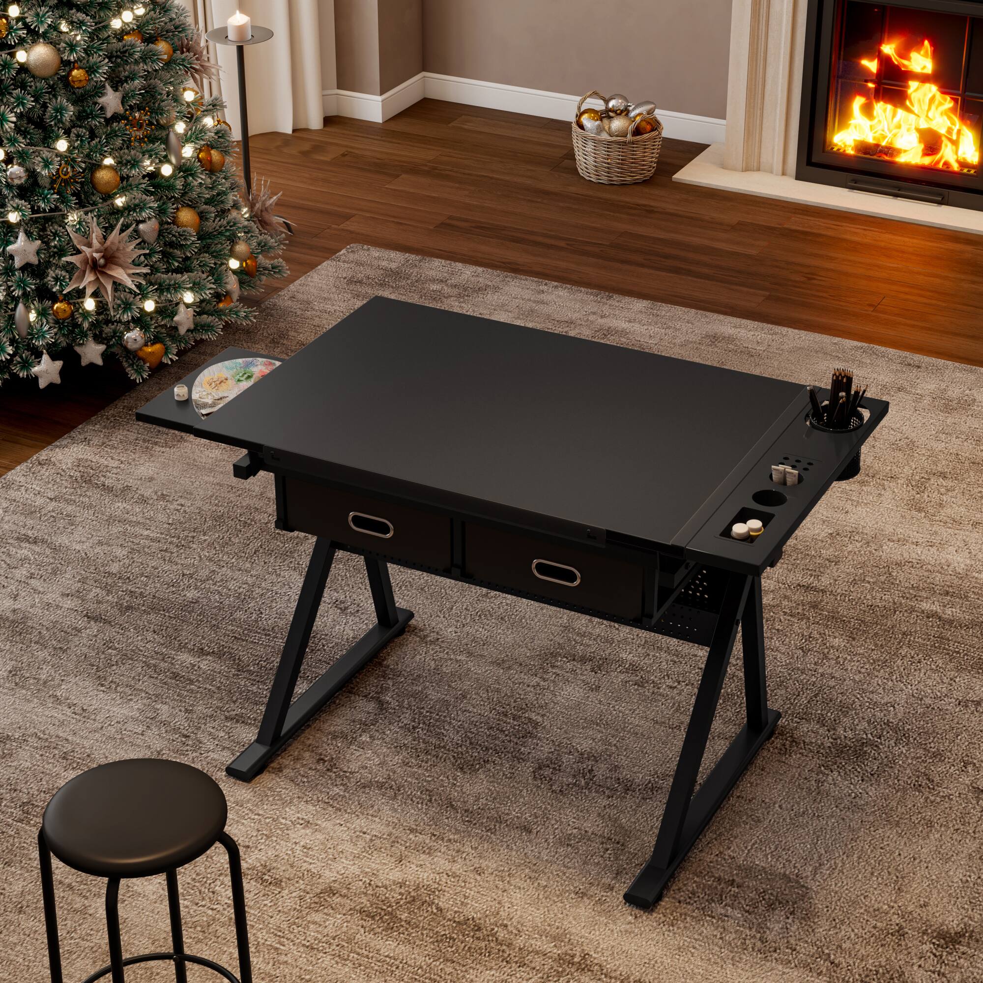 Back. GOODSILO - Adjustable Height Tiltable Drafting Table Desk with Storage Drawers and Included Stool for Artists and Students - Black.