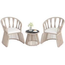 Costway - 3 PCS Patio Leisure Chair Set Rope-Woven Armchairs & Table Set with Cushions - Off-White
