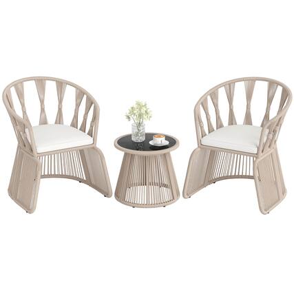 Front. Costway - Costway 3 PCS Patio Leisure Chair Set Rope-Woven Armchairs & Table Set with Cushions - Off-White.