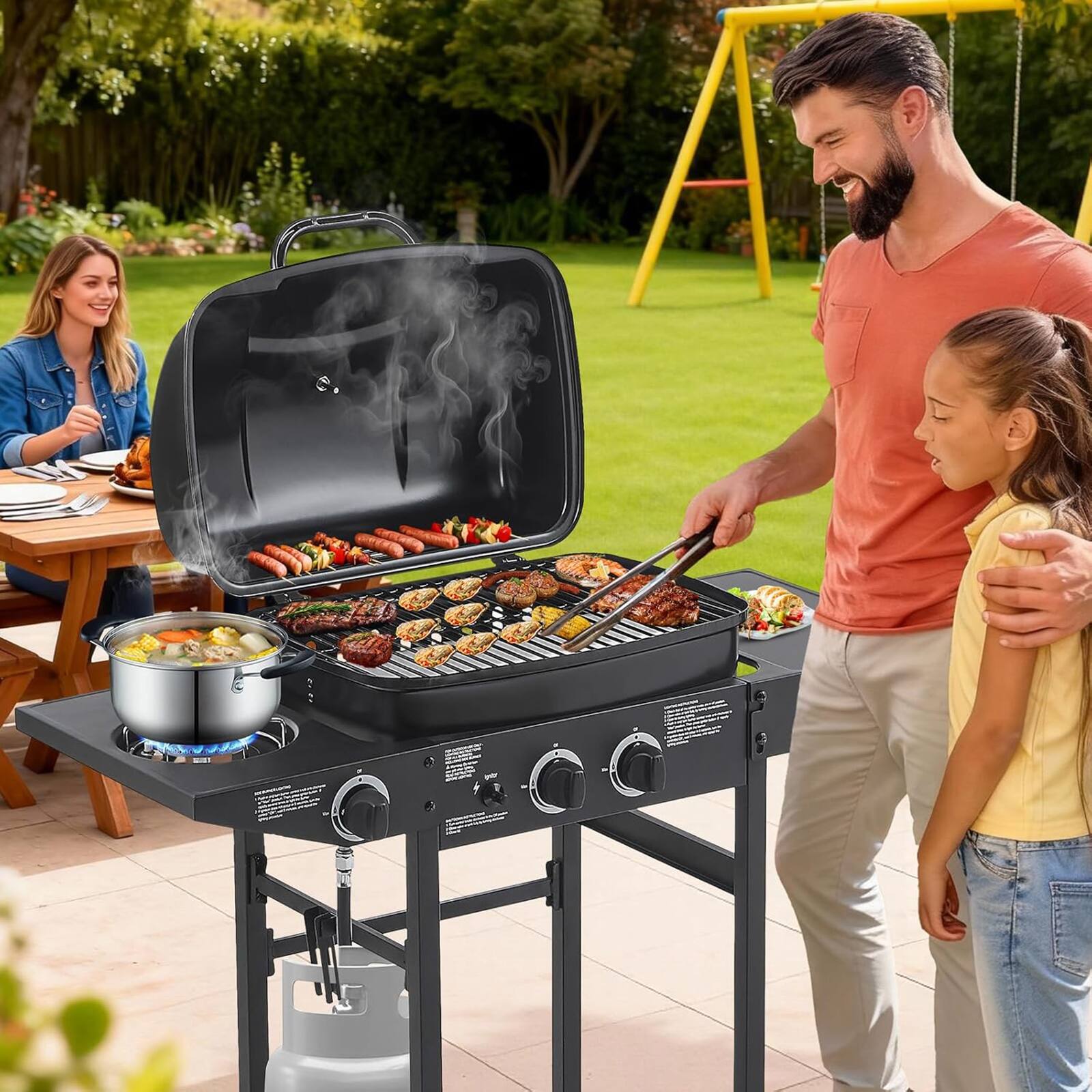 Alt View 4. Chateau Abodes - 2-Burner Propane Gas Grill with Side Burner, 24000 BTU, Stainless Steel for Outdoor Cooking, Patio, Backyard - Black.