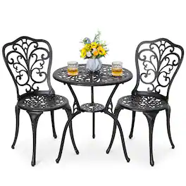 Nuu Garden - 3-Piece Outdoor Bistro Set, Round 24 Inch Cast Aluminum Table with Umbrella Hole and 2 Cast Aluminum Armless Chairs - Black