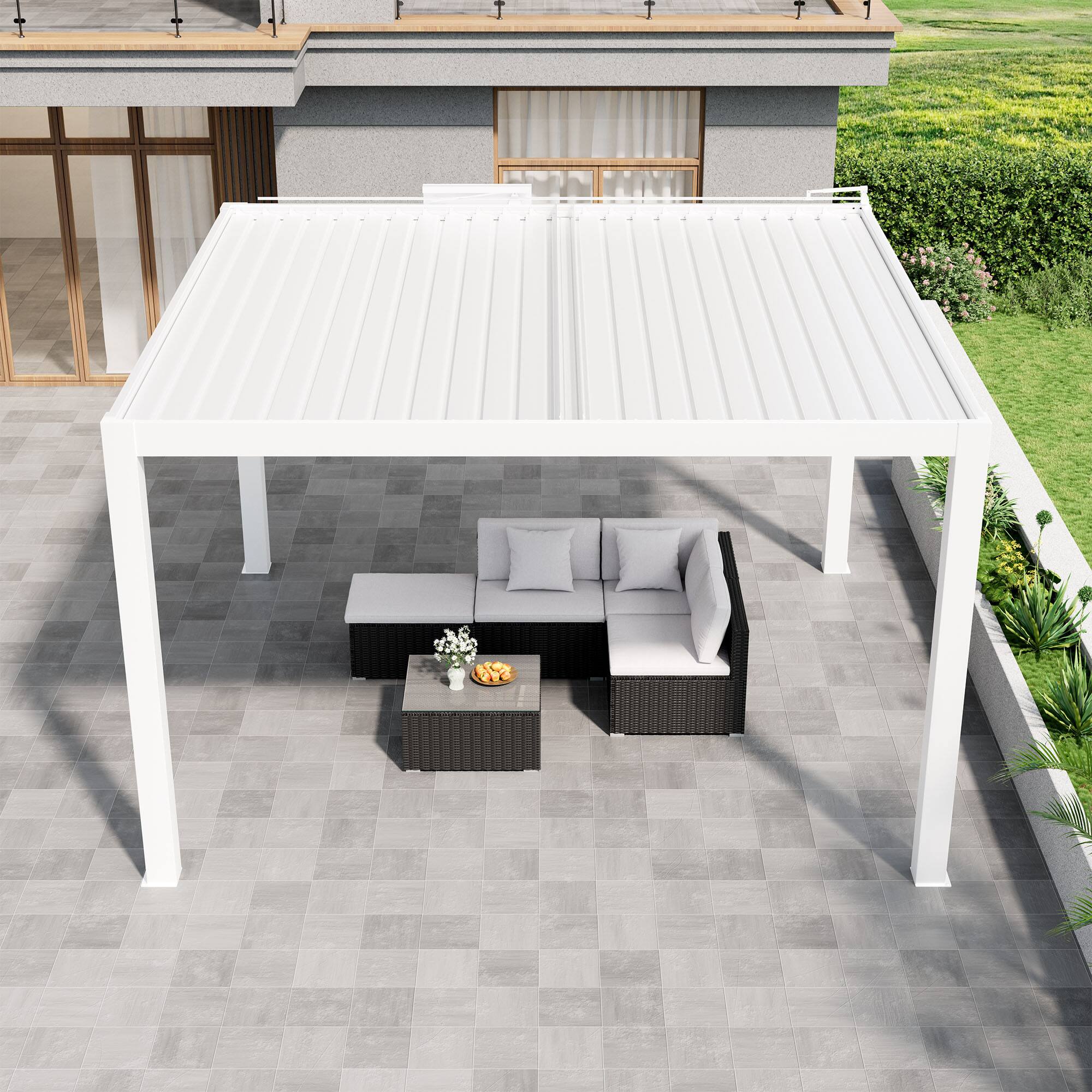 Left. Mondawe - 13ft x 14ft Solar-Powered Aluminum Pergola with Adjustable Louvers,Remote Control and Hidden Drainage System - White.