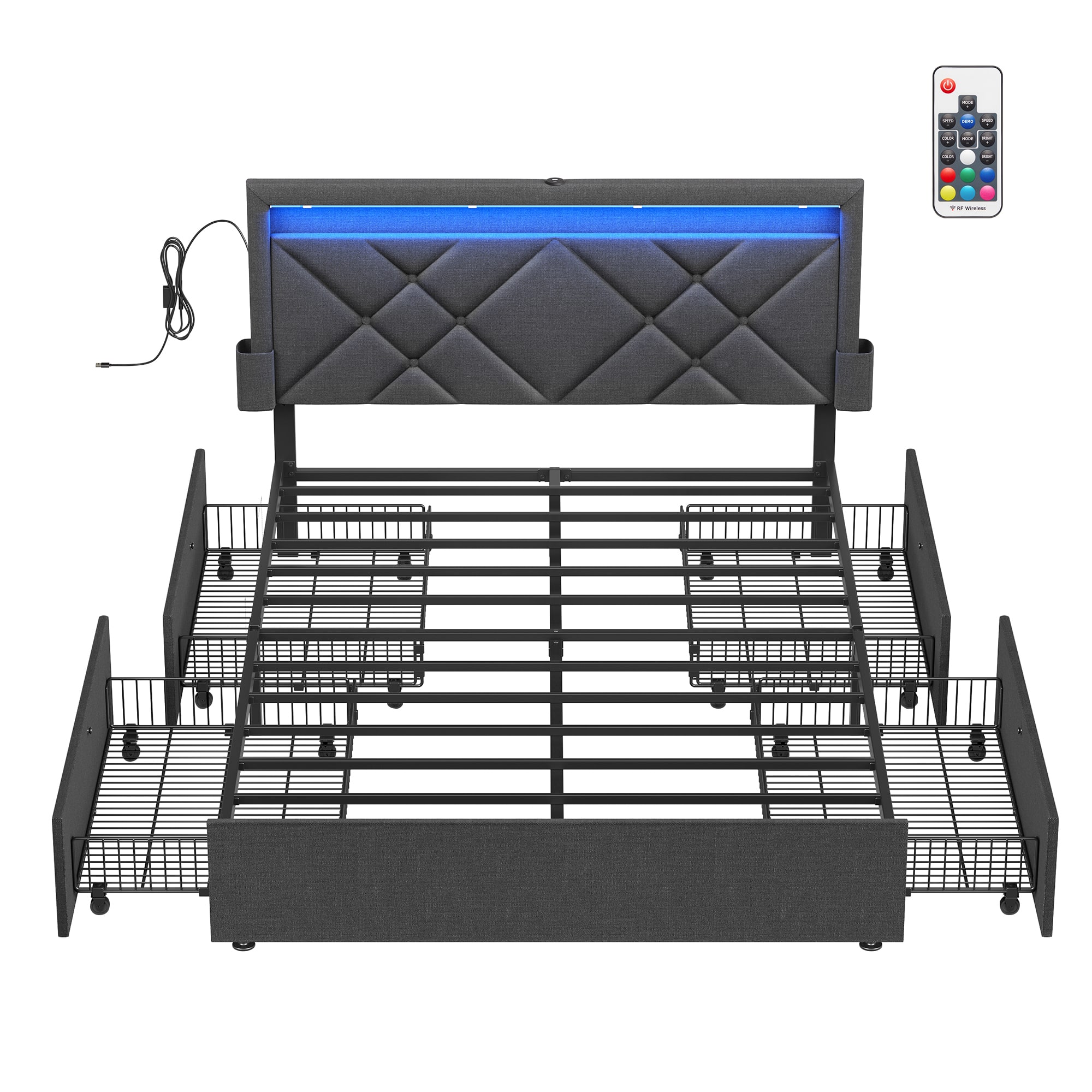 Photos - Bed Songmics Home - LED  Frame Full Size with Headboard and 4 Drawers, 1 USB Port and 1 Type C Port, Adjustable Upholstered H 