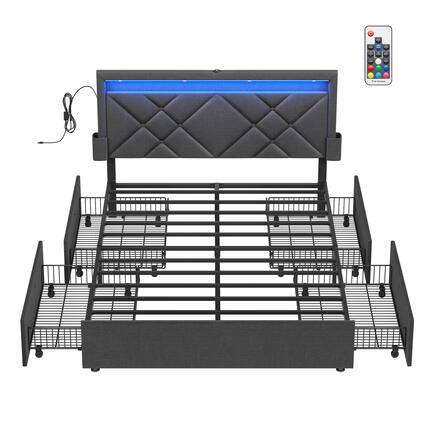 Front. Songmics Home - LED Bed Frame Full Size with Headboard and 4 Drawers, 1 USB Port and 1 Type C Port, Adjustable Upholstered Headboard - Dark Grey.