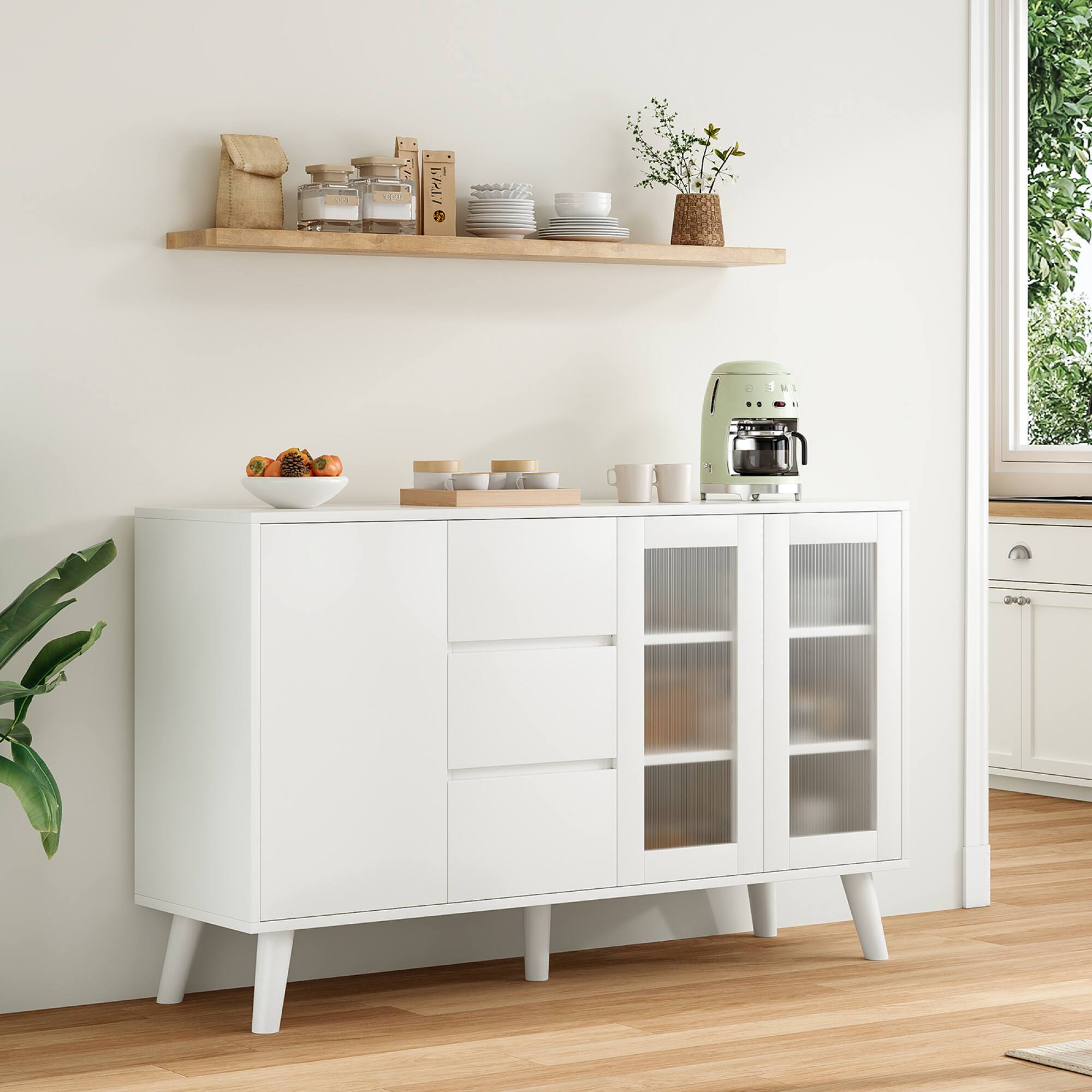 Left. GOODSILO - Farmhouse Buffet Cabinet with Drawers and Pop-Up Doors, Rustic Sideboard for Dining Room and Living Room - White.