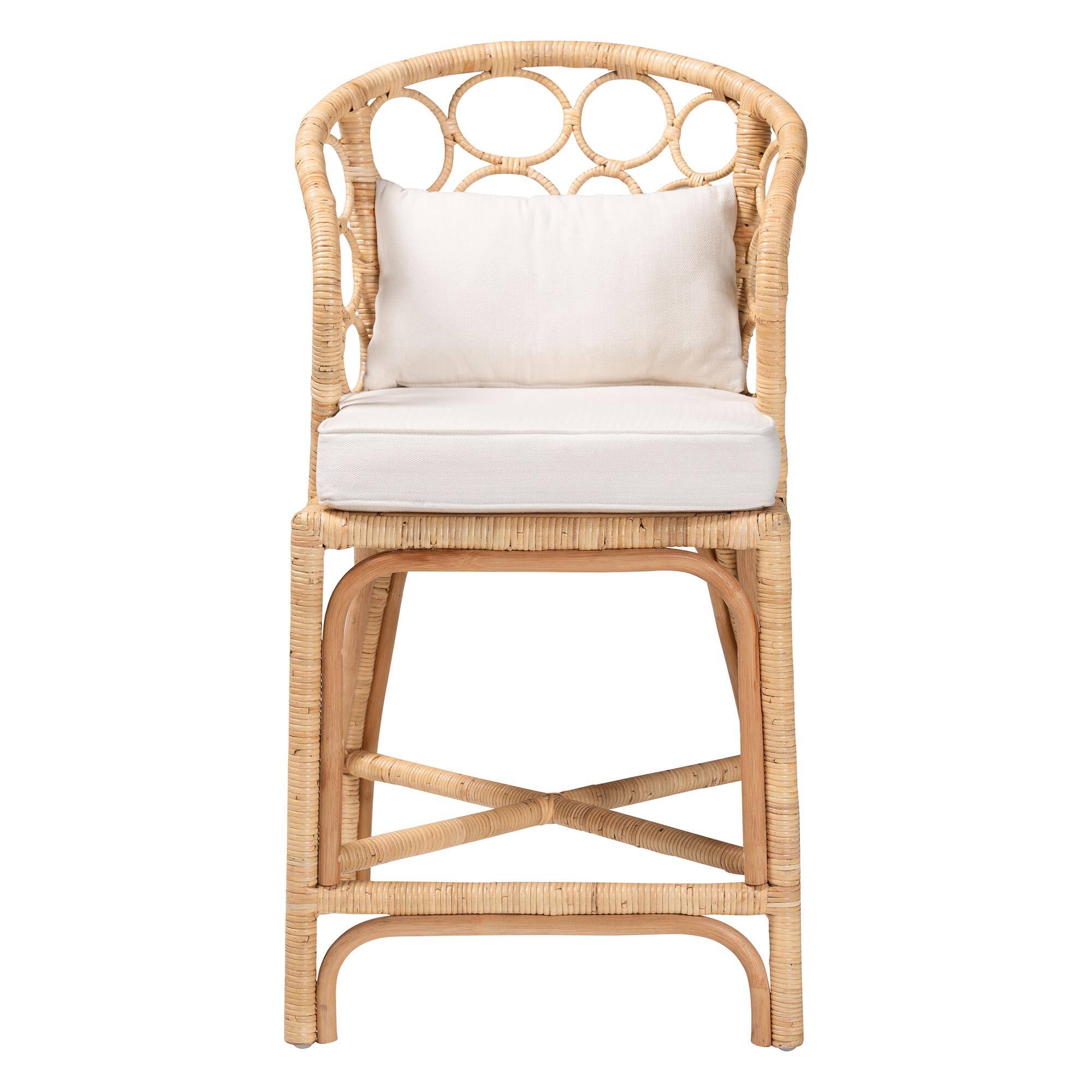 Angle. bali & pari - Prisca Natural Rattan Counter Stool with Bubble Frame - Handwoven Wicker Accent Stool with Removable Cushions - Light Honey.