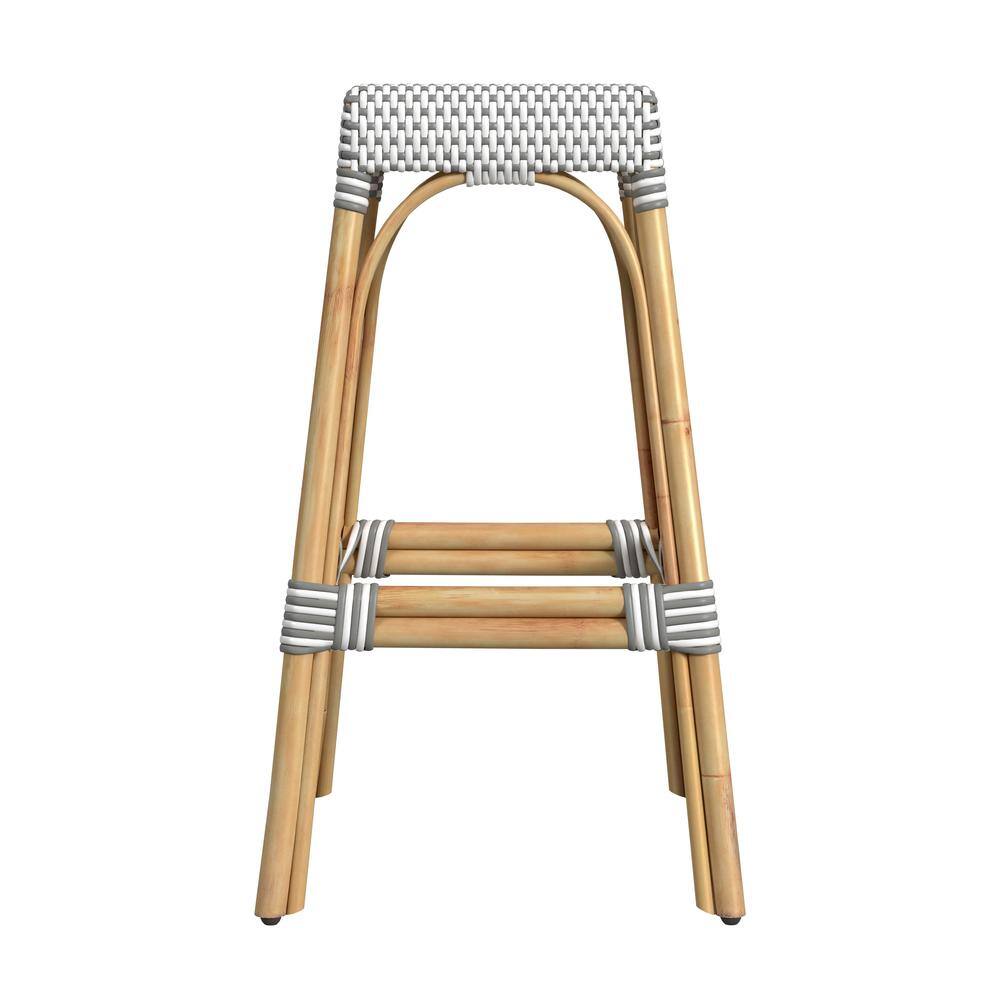 Left. Butler Specialty - Robias Rectangular Rattan 30" Bar Stool - Gray And White Dot.