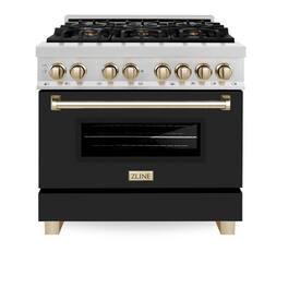 ZLINE - Autograph 36 in. Legacy Dual Fuel Range in Satin Steel w/ Black & Gold Accents (RASZ-BLM-36-G) - Black Matte