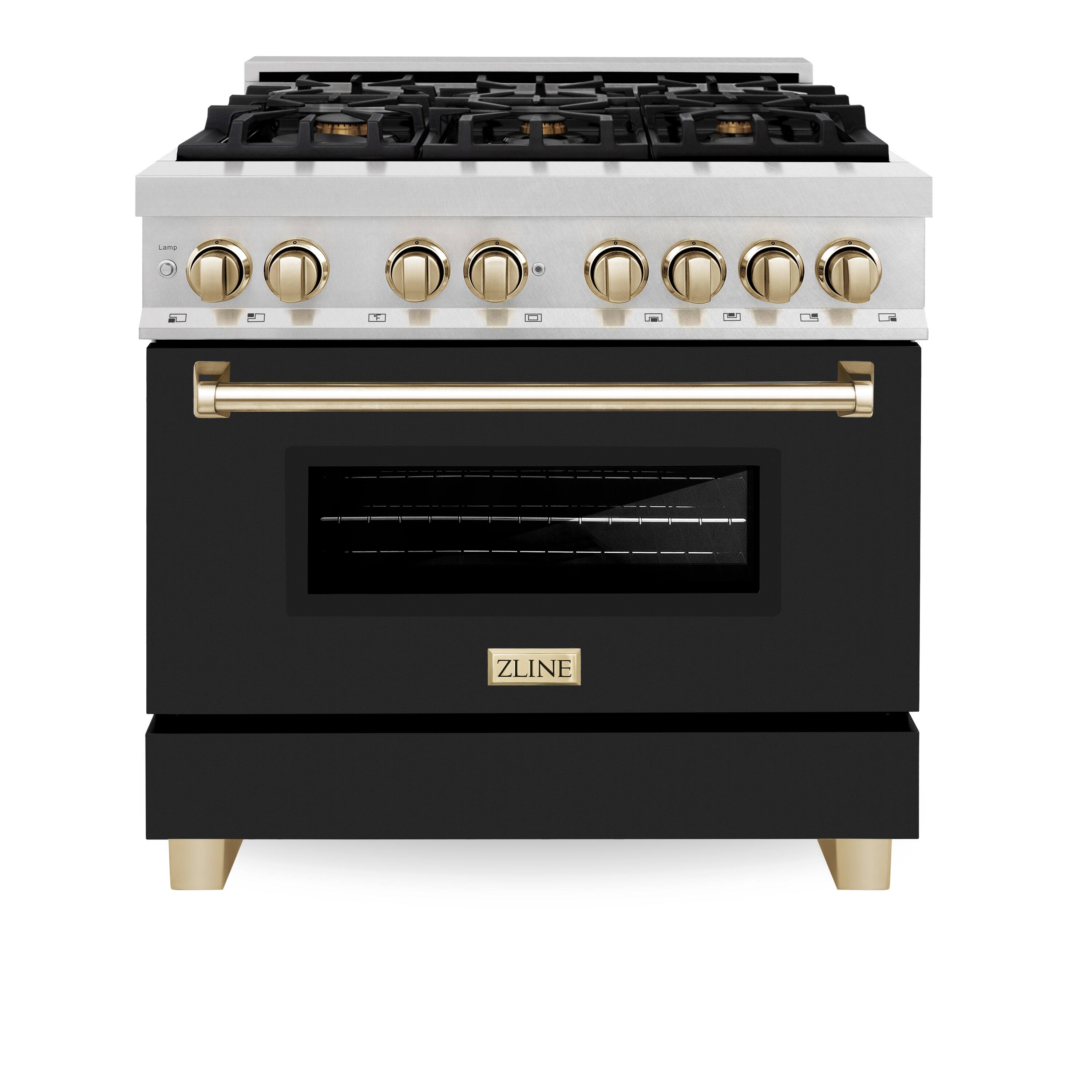 Front. ZLINE - ZLINE Autograph 36 in. Legacy Dual Fuel Range in Satin Steel w/ Black & Gold Accents (RASZ-BLM-36-G) - Black Matte.