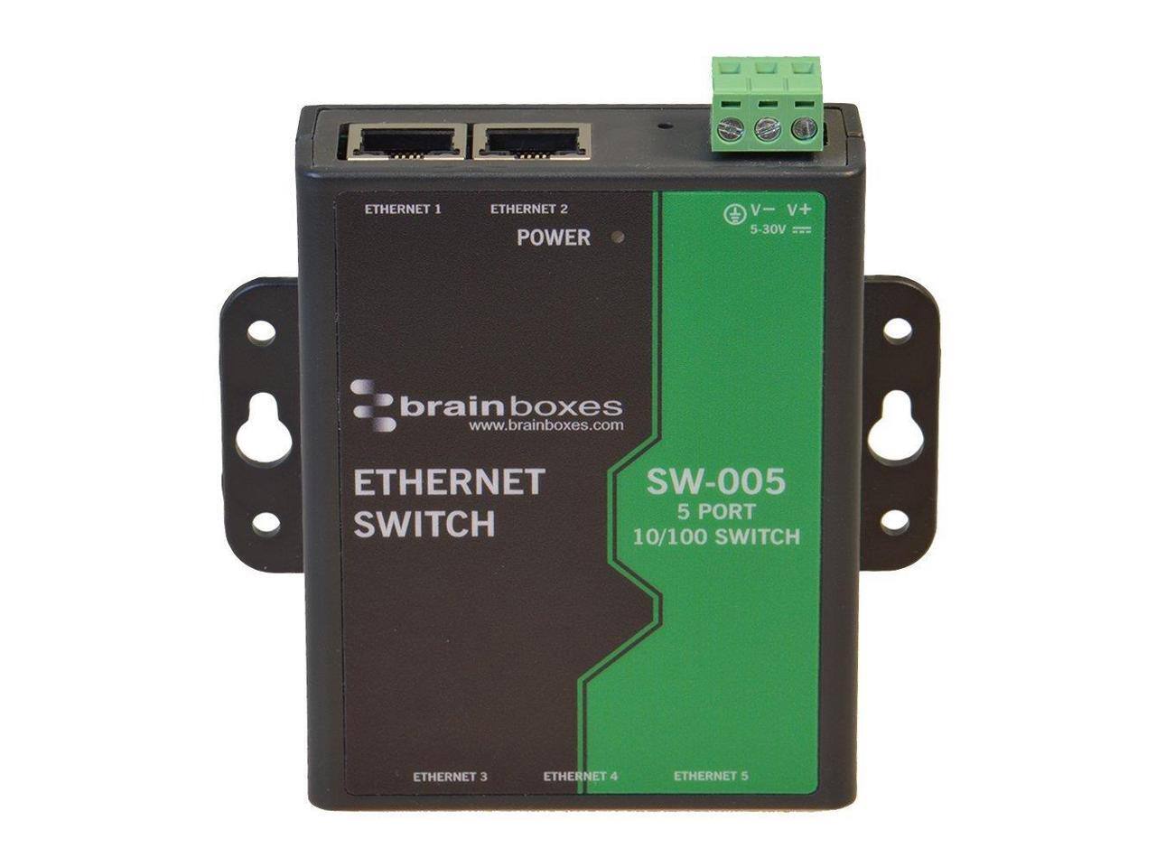 ETHERNET 1  
ETHERNET 2 POWER  
V- V+ 5-30V  
brain boxes www.brainboxes.com  
ETHERNET SWITCH  
SW-005 5 PORT 10/100 SWITCH  
ETHERNET 3  
ETHERNET 4  
ETHERNET 5