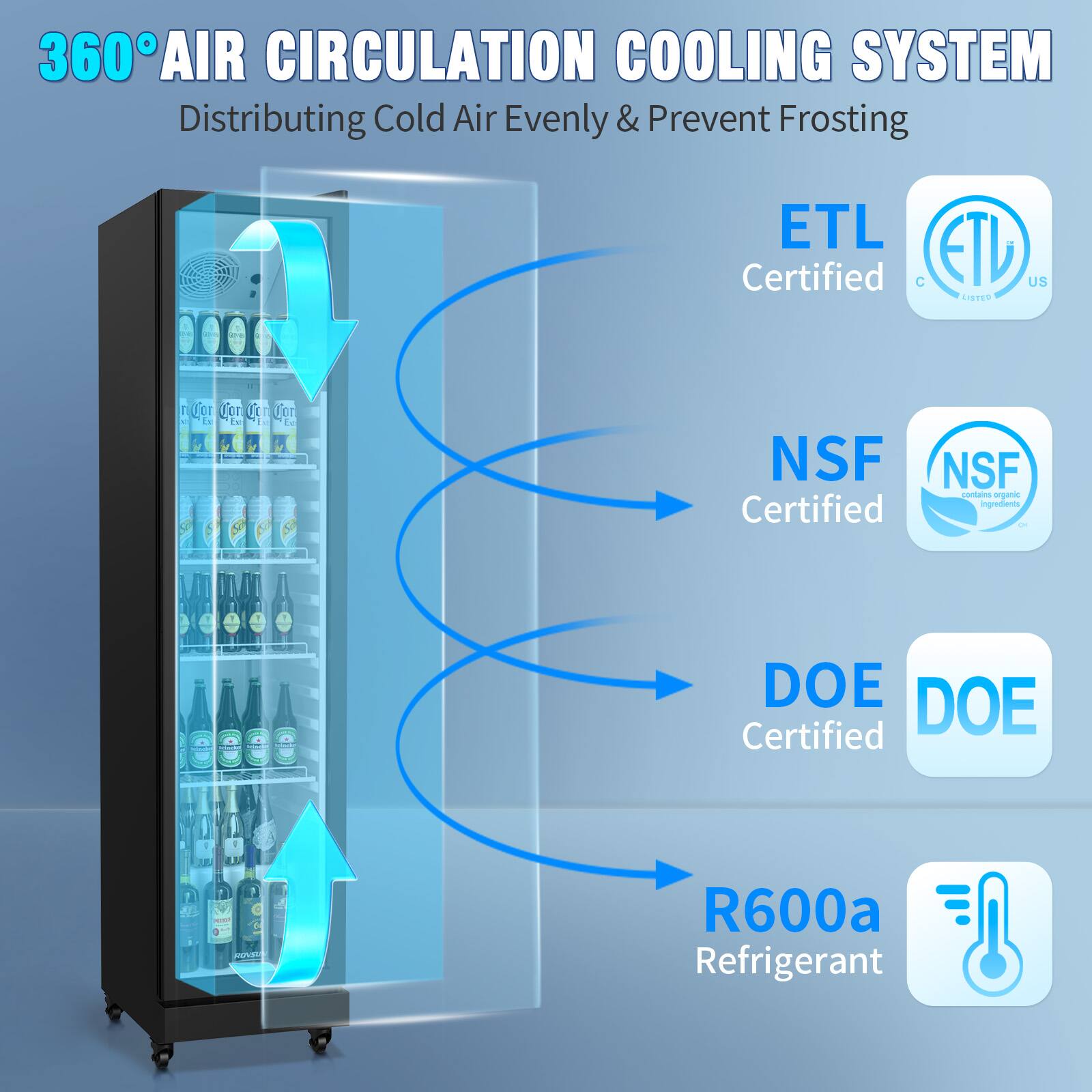 360° AIR CIRCULATION COOLING SYSTEM  
Distributing Cold Air Evenly & Prevent Frosting  

ETL Certified  
NSF Certified  
DOE Certified  
R600a Refrigerant