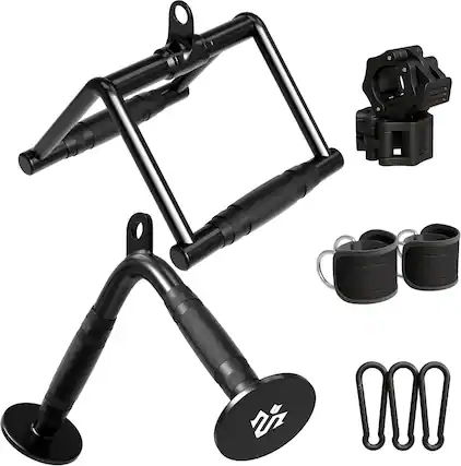 Front. Mikolo - Cable Attachments for Gym with LAT Pulldown, V Bar, Double D Handle, Ankle Straps, and Barbell Clamps - Black.