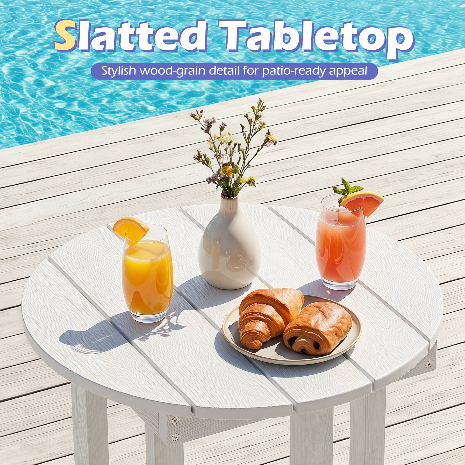 Slatted Tabletop  
Stylish wood-grain detail for patio-ready appeal