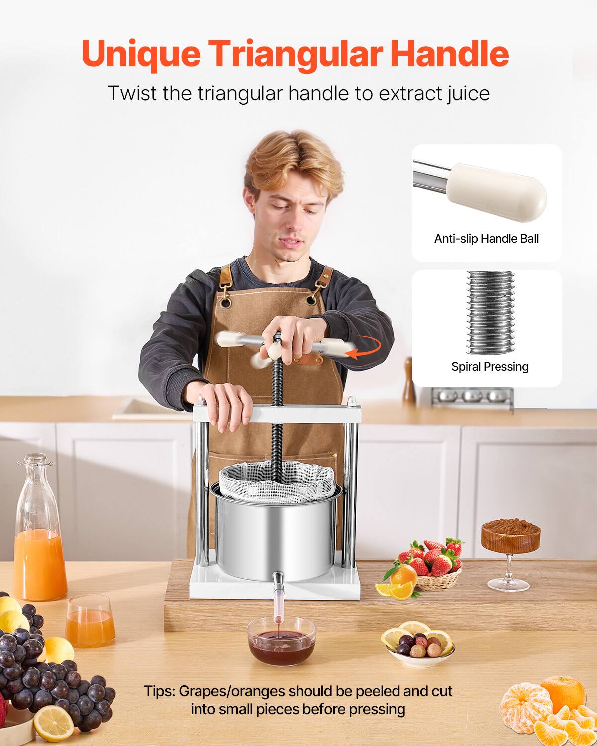 Unique Triangular Handle  
Twist the triangular handle to extract juice  

Anti-slip Handle Ball  
Spiral Pressing  

Tips: Grapes/oranges should be peeled and cut into small pieces before pressing