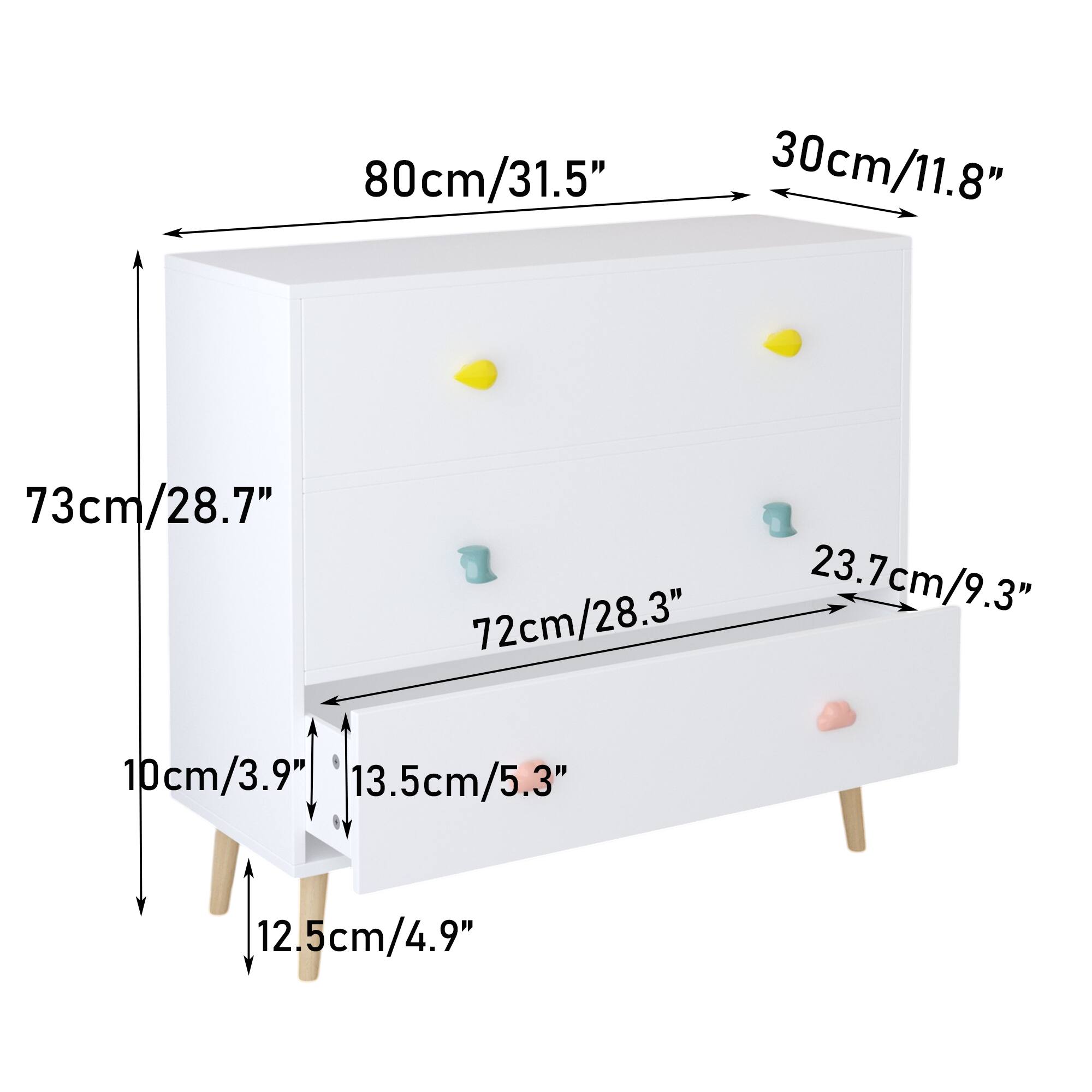 80cm/31.5"  
30cm/11.8"  
73cm/28.7"  
72cm/28.3"  
23.7cm/9.3"  
10cm/3.9"  
13.5cm/5.3"  
12.5cm/4.9"